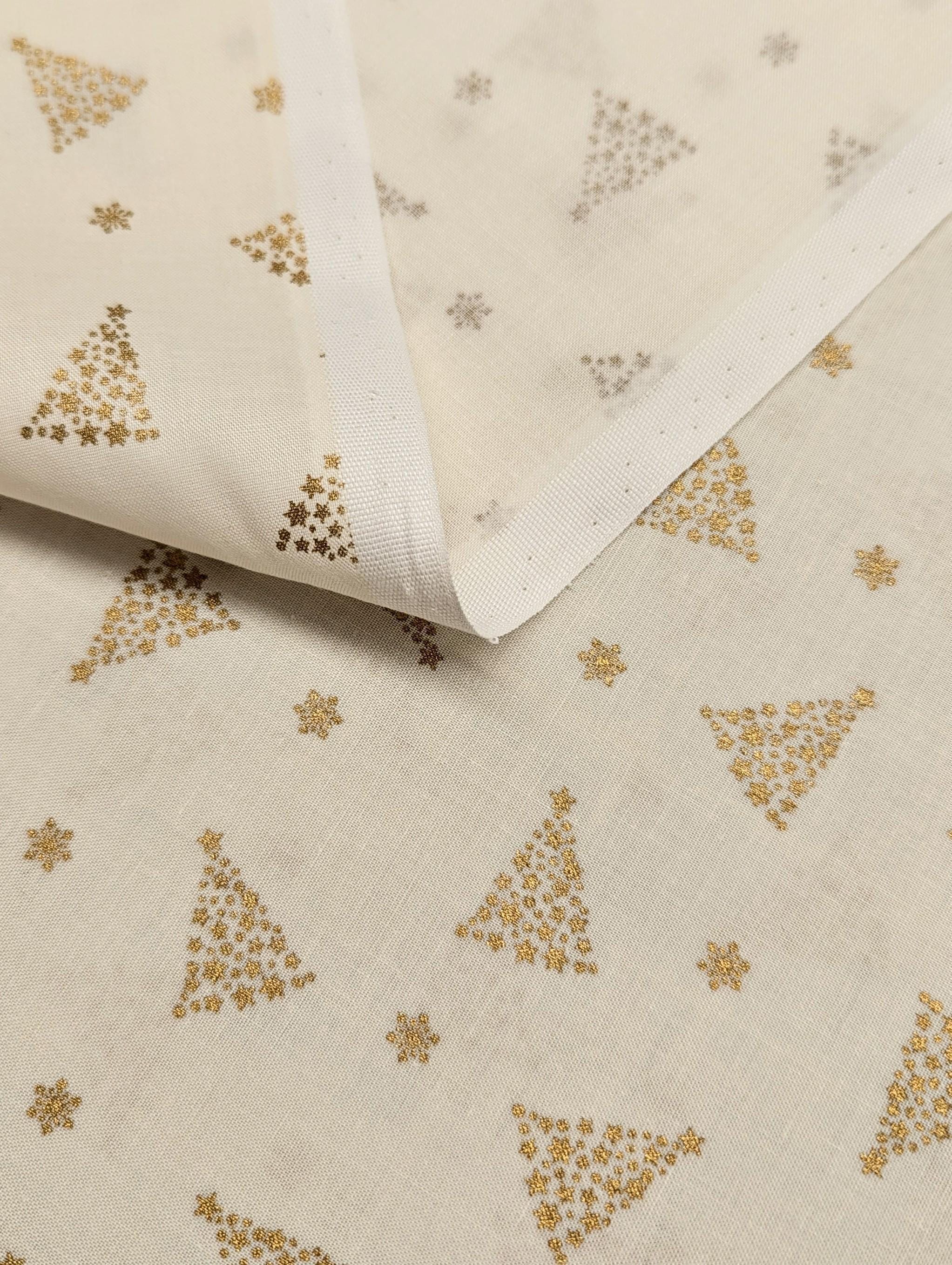 Hishiei - Golden Holiday Trees Cotton Fabric - White