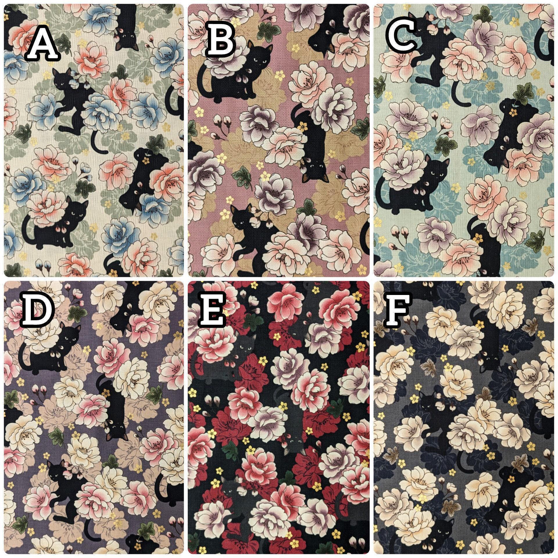 QuiltGate - Hyakka Ryoran Blossoming Cats Cotton Fabric - Gray