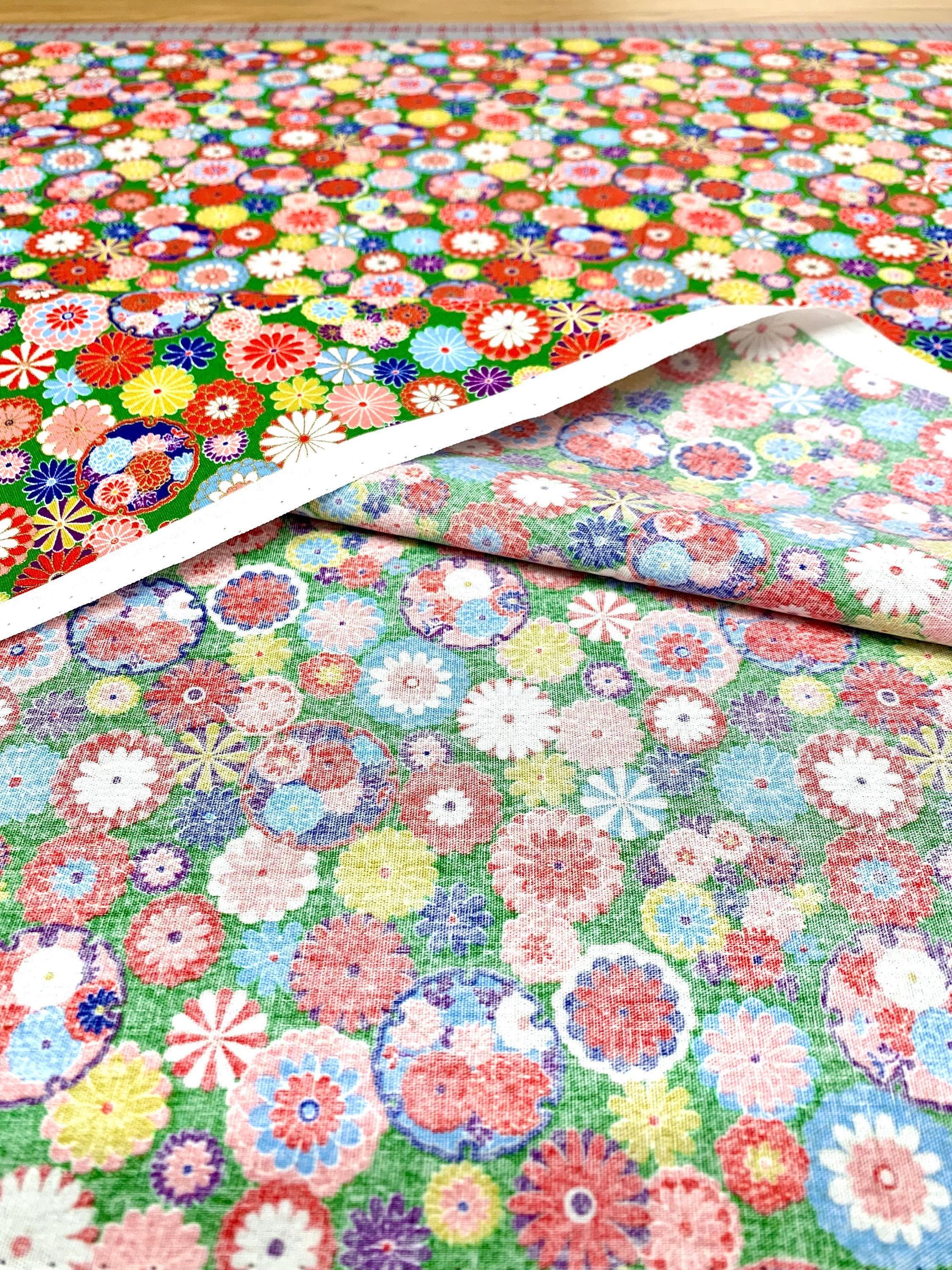 Senyo - Golden Flower Story Chrysanthemums Cotton Fabric - Green Red Blue