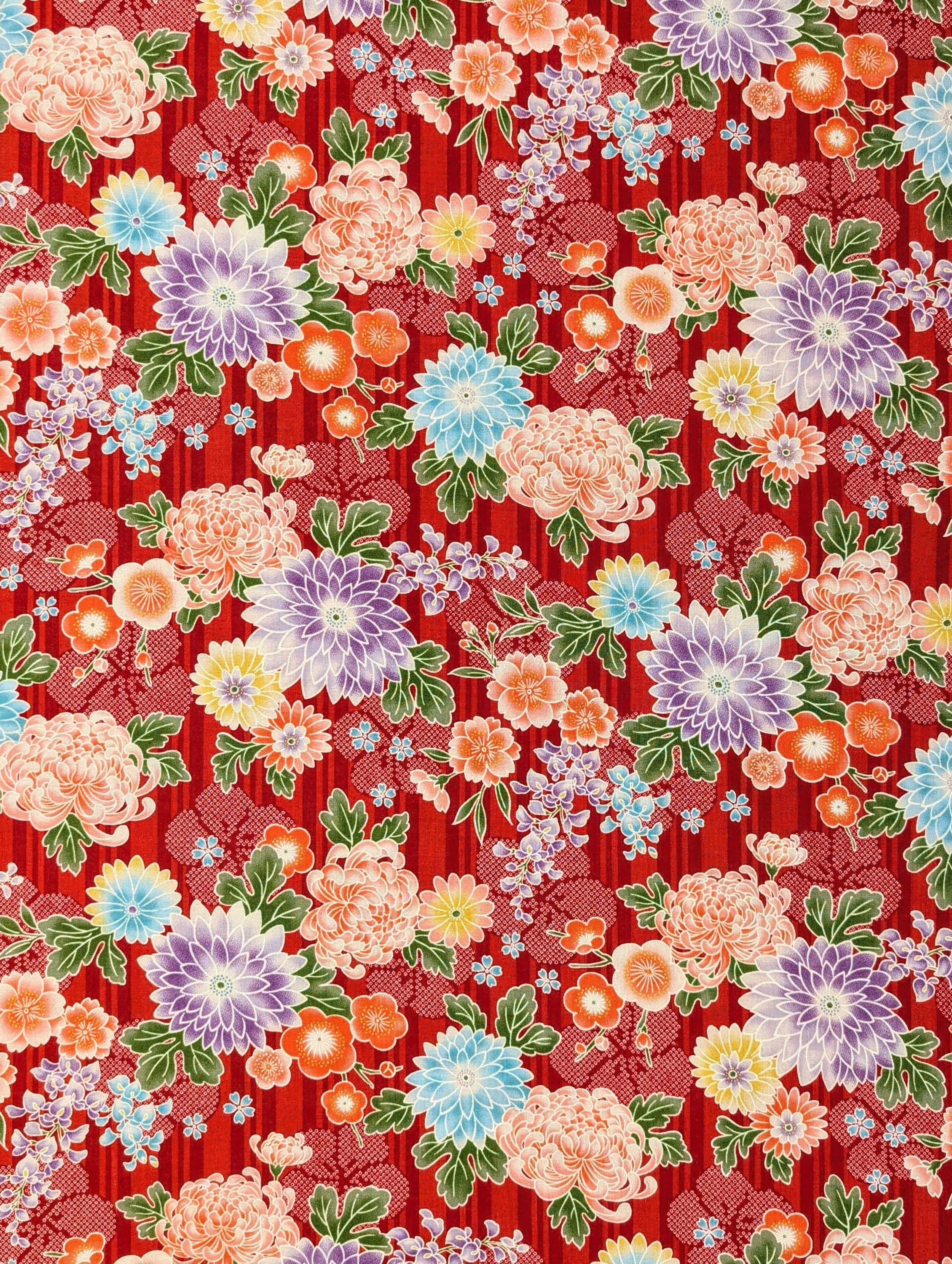 Sevenberry - Striped Shibori Flowers Cotton Fabric - Red