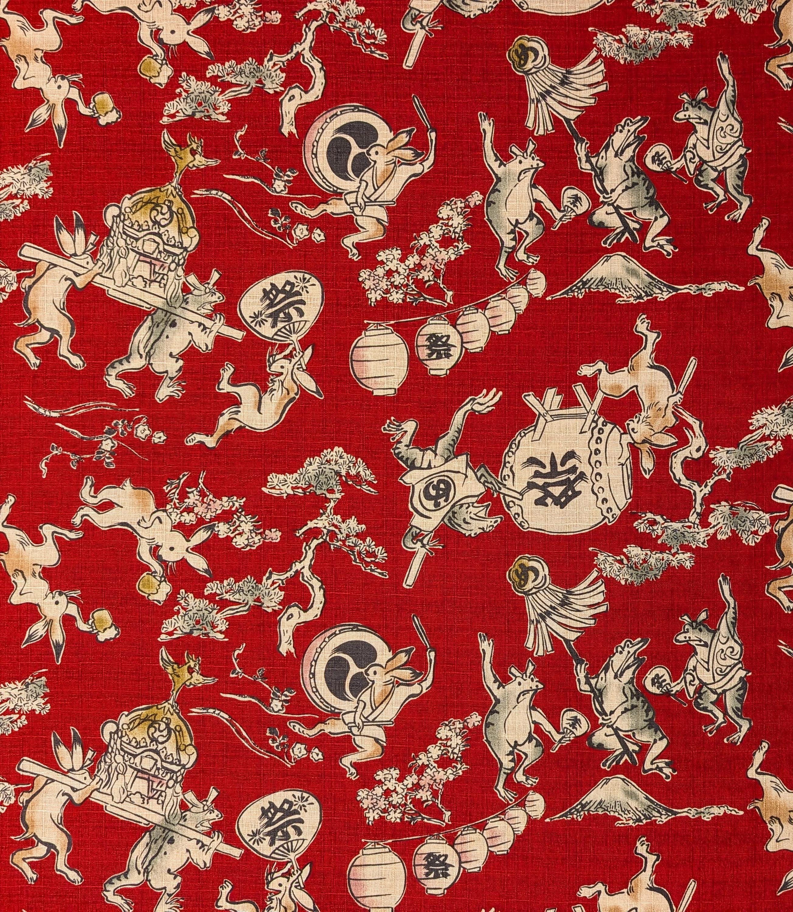 NEW Taiko Animals Hokkoh Japanese cotton dobby fabric 1024-130-4 C red