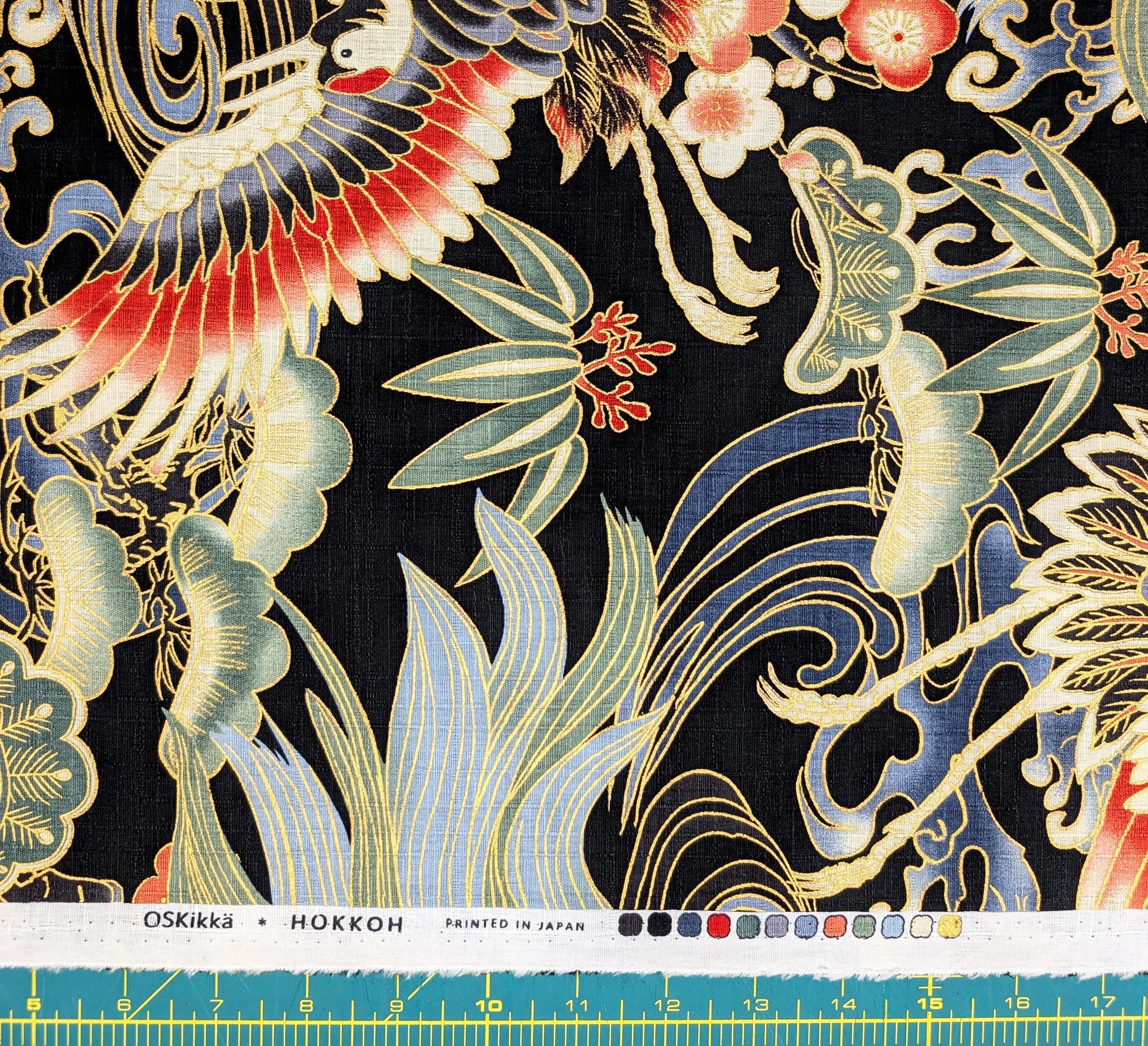 NEW Golden Crane & Minogame Hokkoh Japanese cotton dobby fabric 1025-100-5 E black