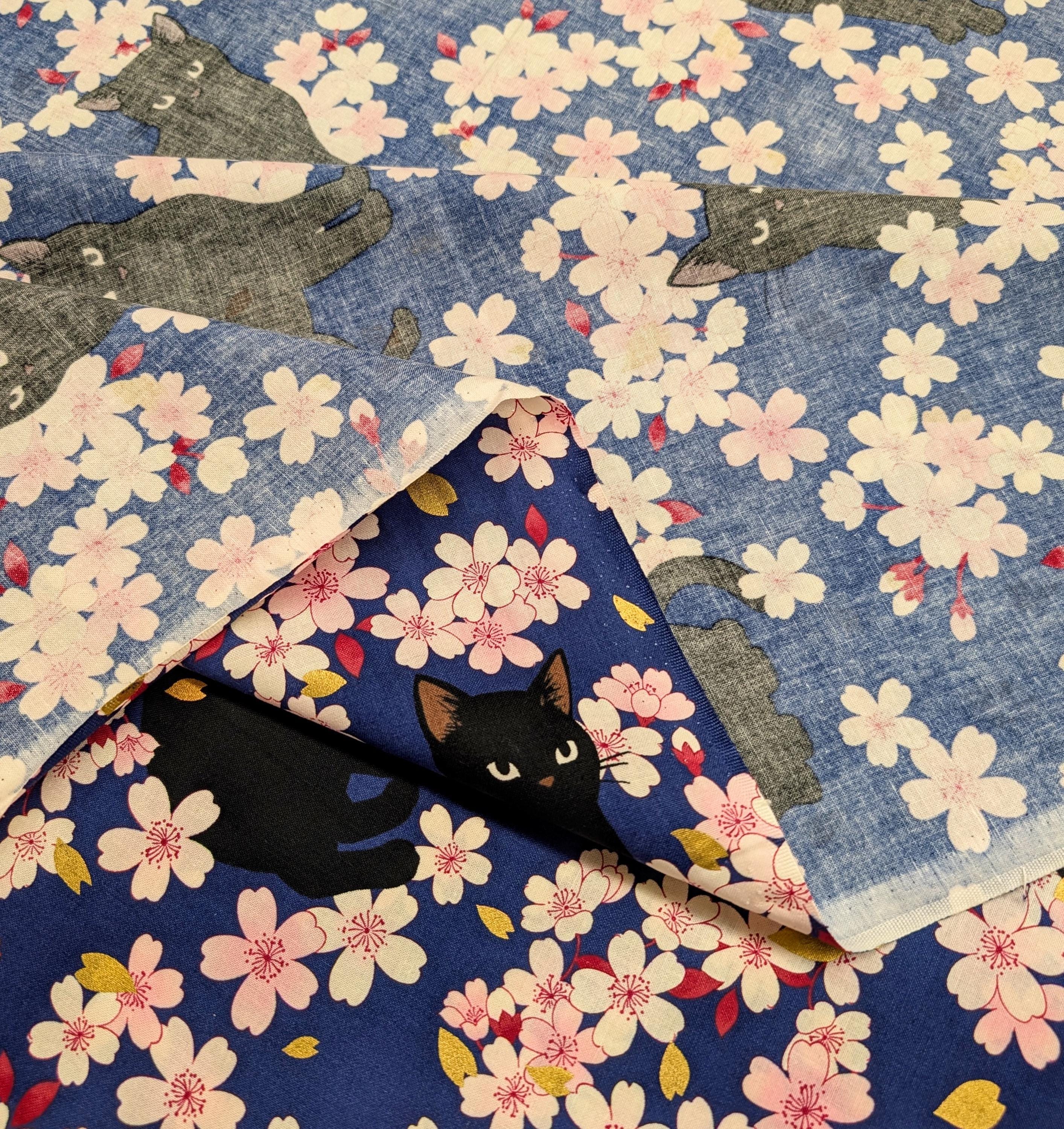 QuiltGate - Hyakka Ryoran Black Cats and Cherry Blossoms Cotton Fabric - Navy Blue