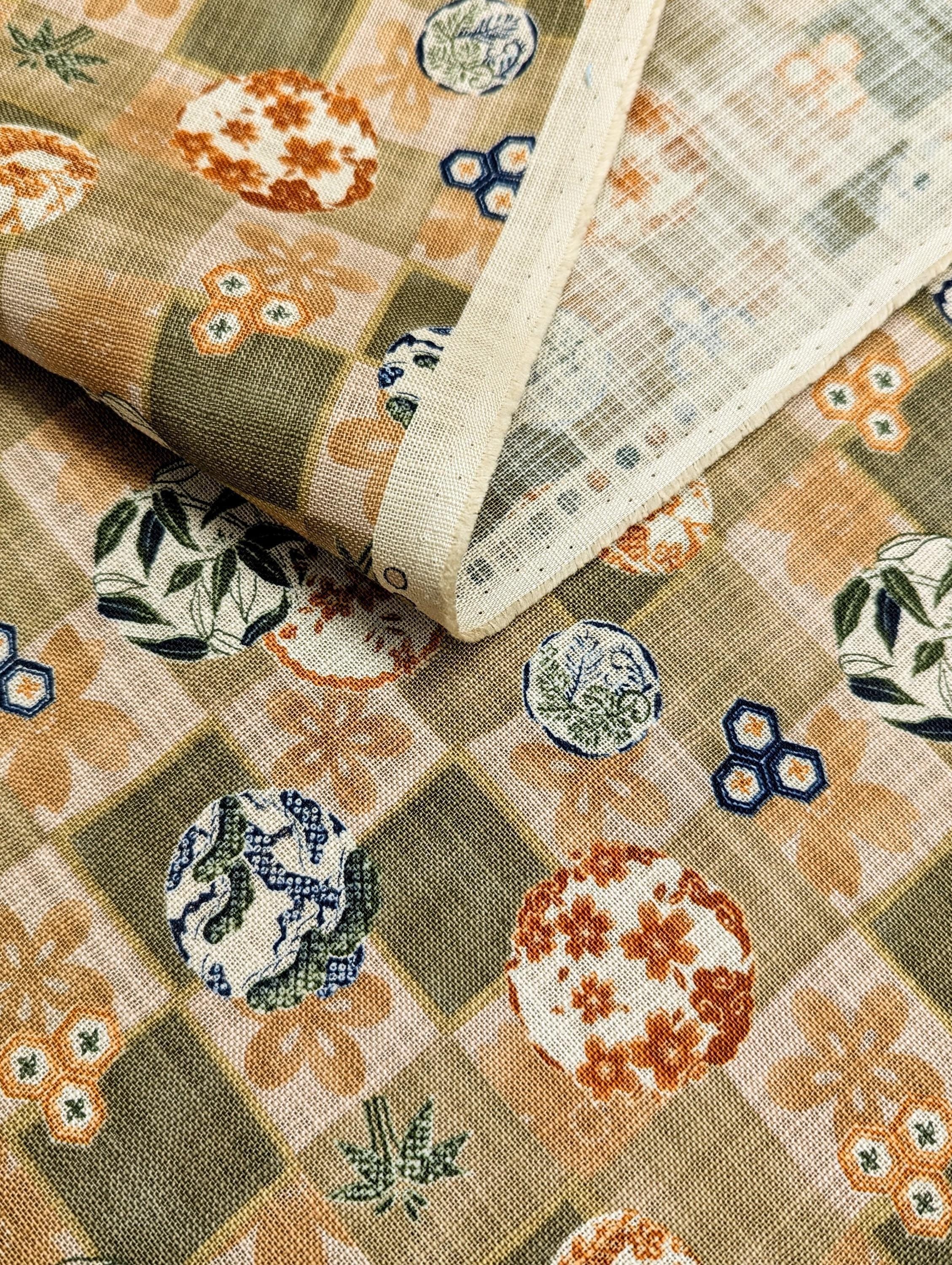 Sevenberry - Rustic Patterned Checkerboard Cotton Fabric - Beige Green