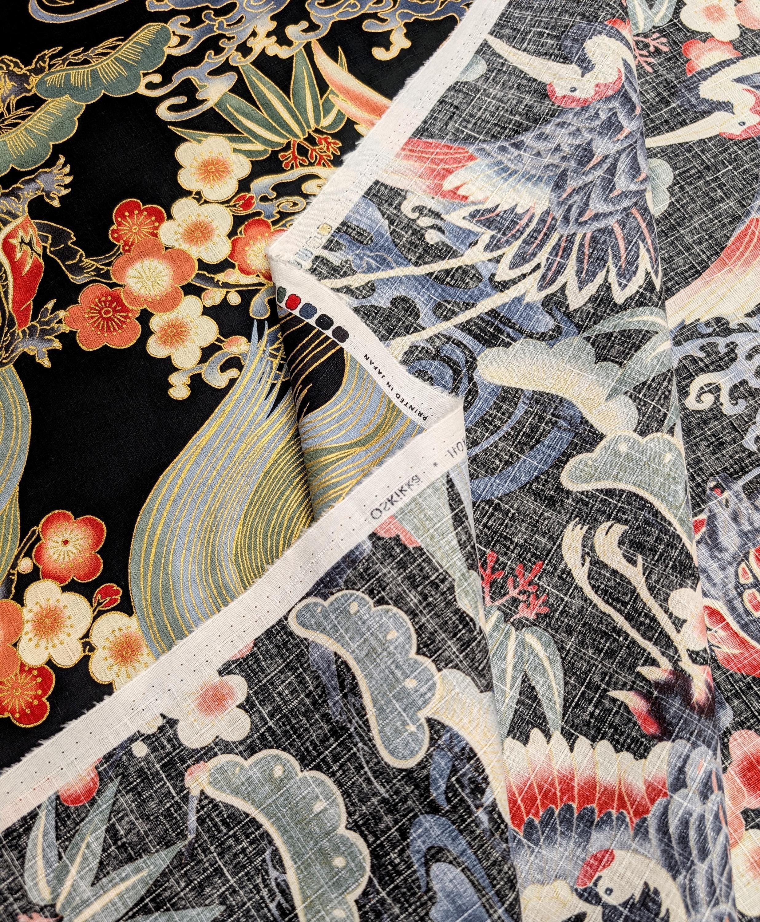 NEW Golden Crane & Minogame Hokkoh Japanese cotton dobby fabric 1025-100-5 E black