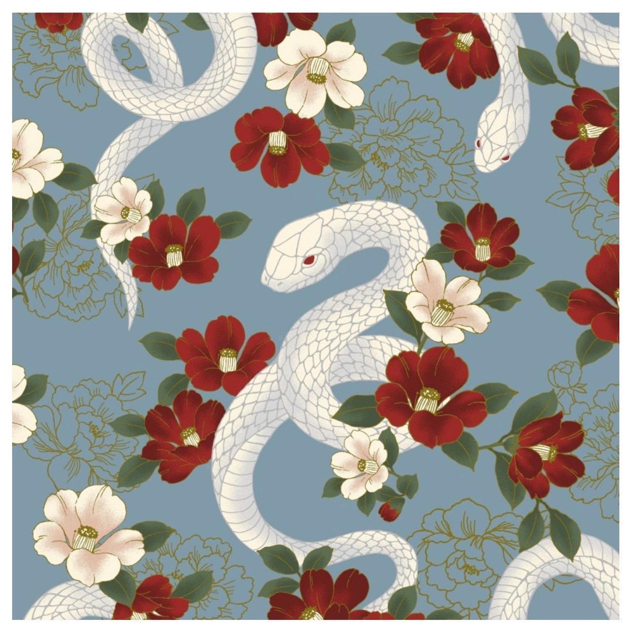 QuiltGate - Hyakka Ryoran Year of the Snake Cotton Fabric - Slate Blue