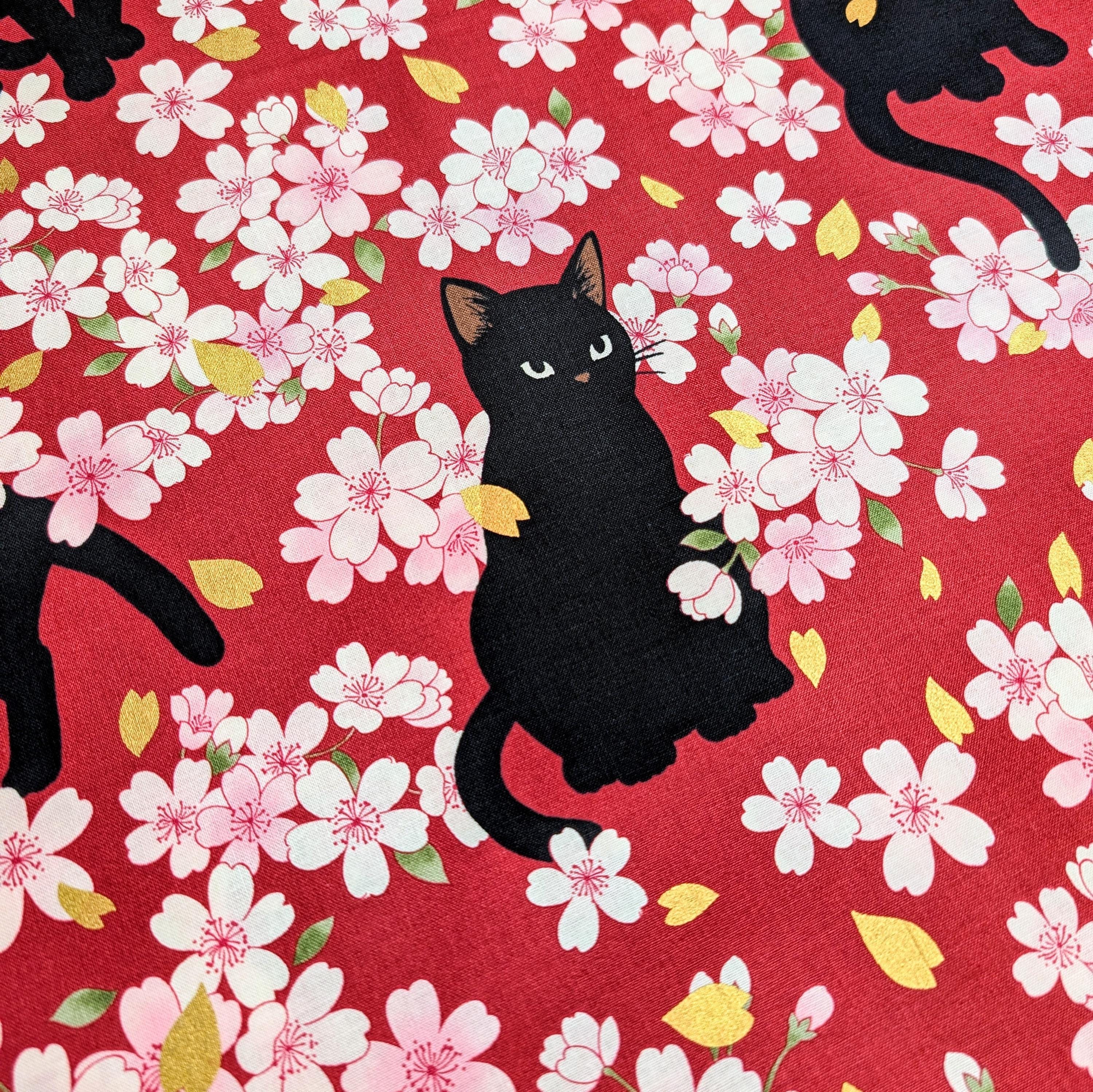 QuiltGate - Hyakka Ryoran Black Cats and Cherry Blossoms Cotton Fabric - Red