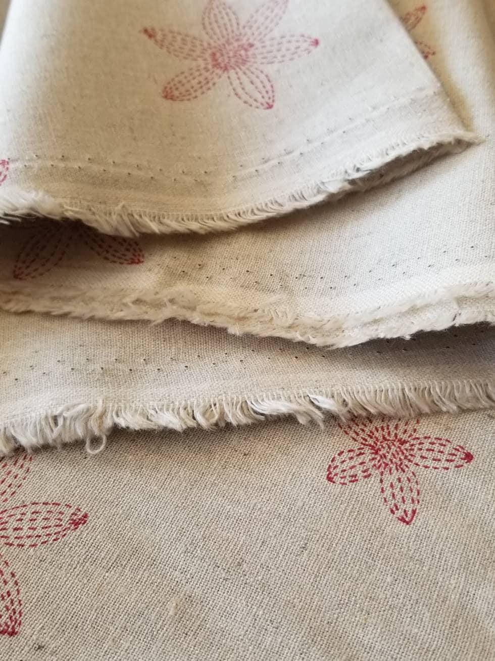 Sashiko Flower print in Red on Natural Japanese Cotton Linen Blend