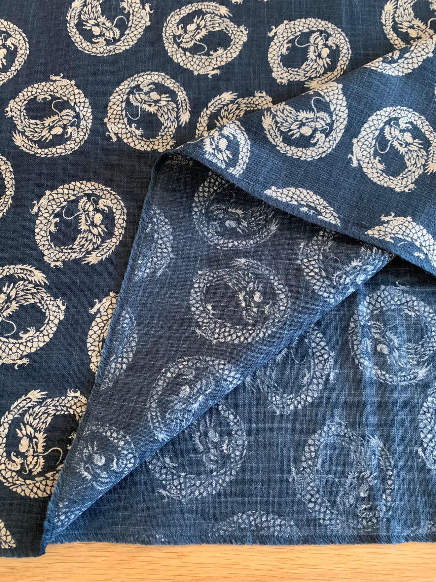 Kurenai - Hand Stenciled Dragons Cotton - Blue Beige