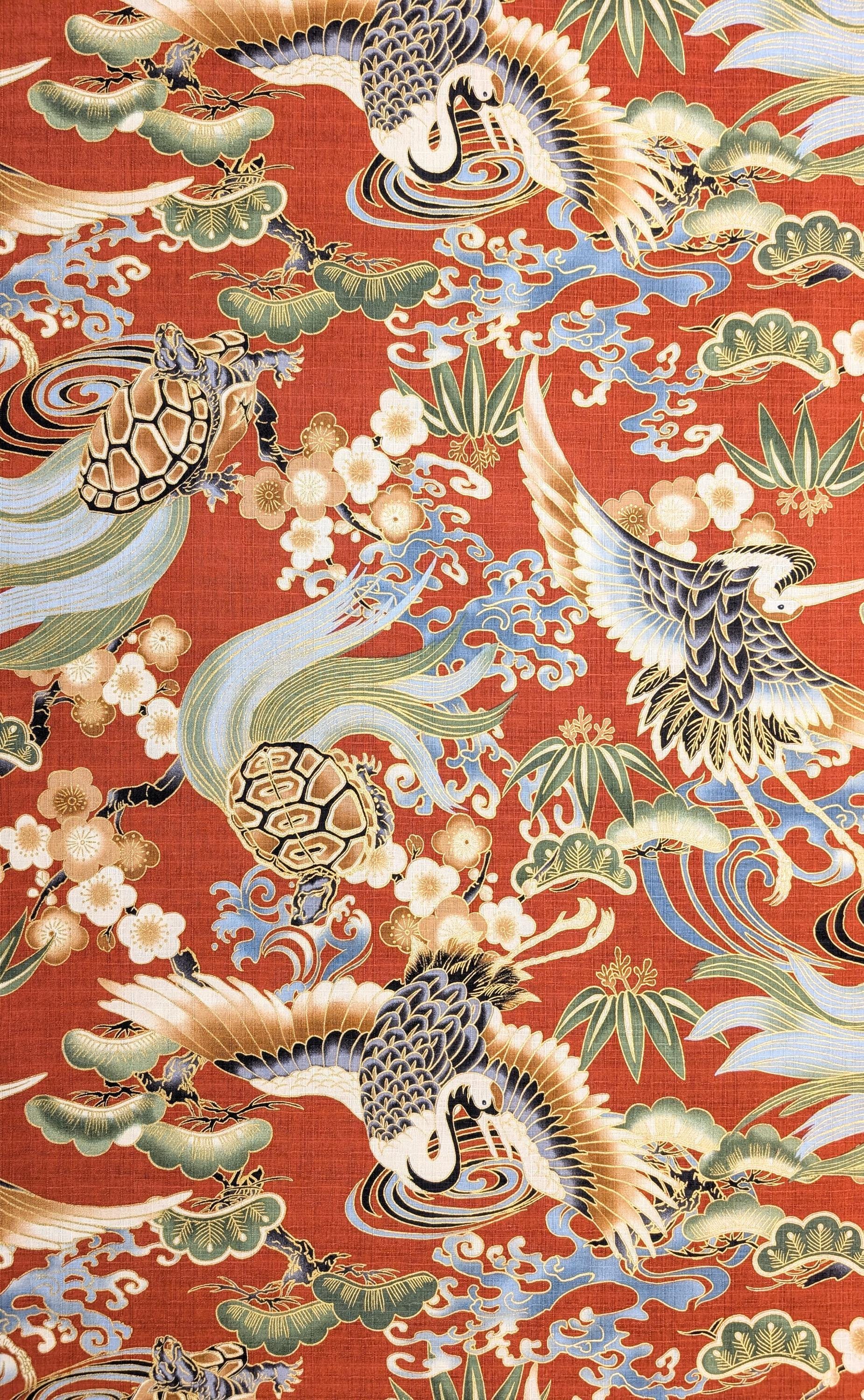 NEW Golden Crane & Minogame Hokkoh Japanese cotton dobby fabric 1025-100-5 B burnt orange