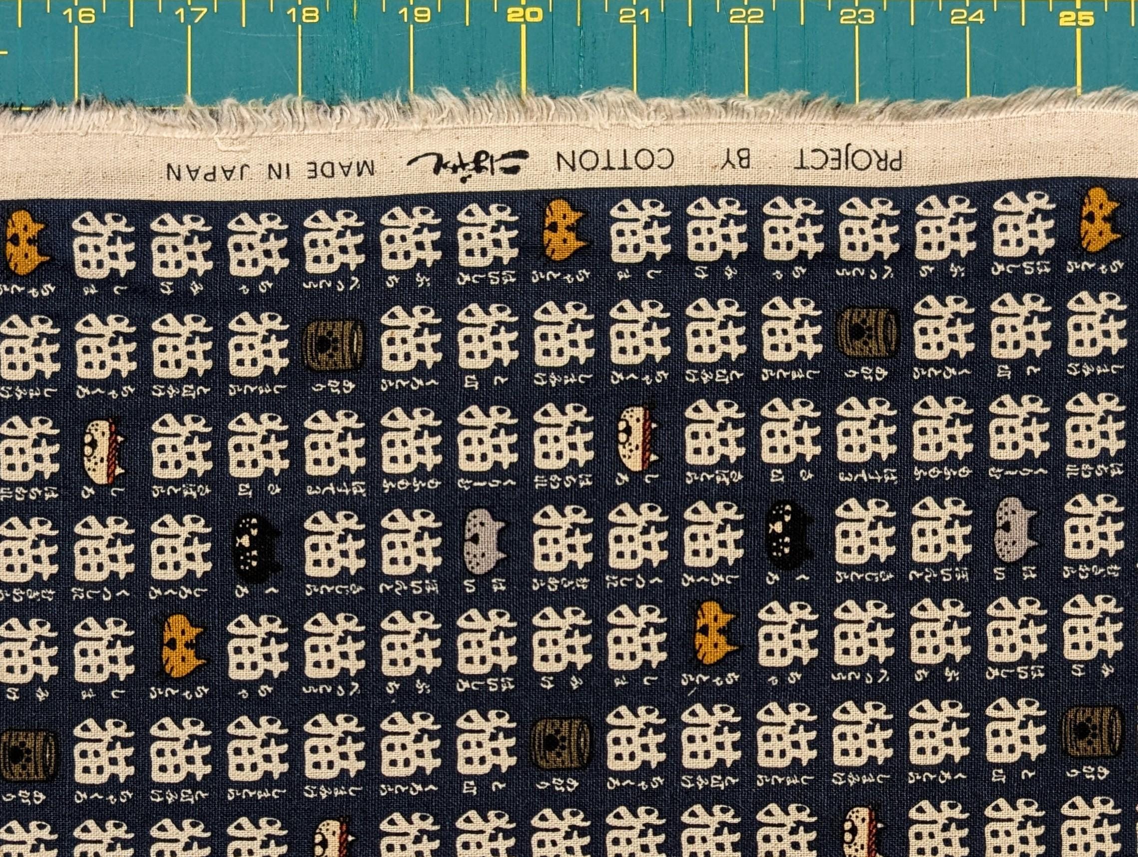 Kobayashi - Kanji Cats Cotton/Linen Light Canvas - Blue and White