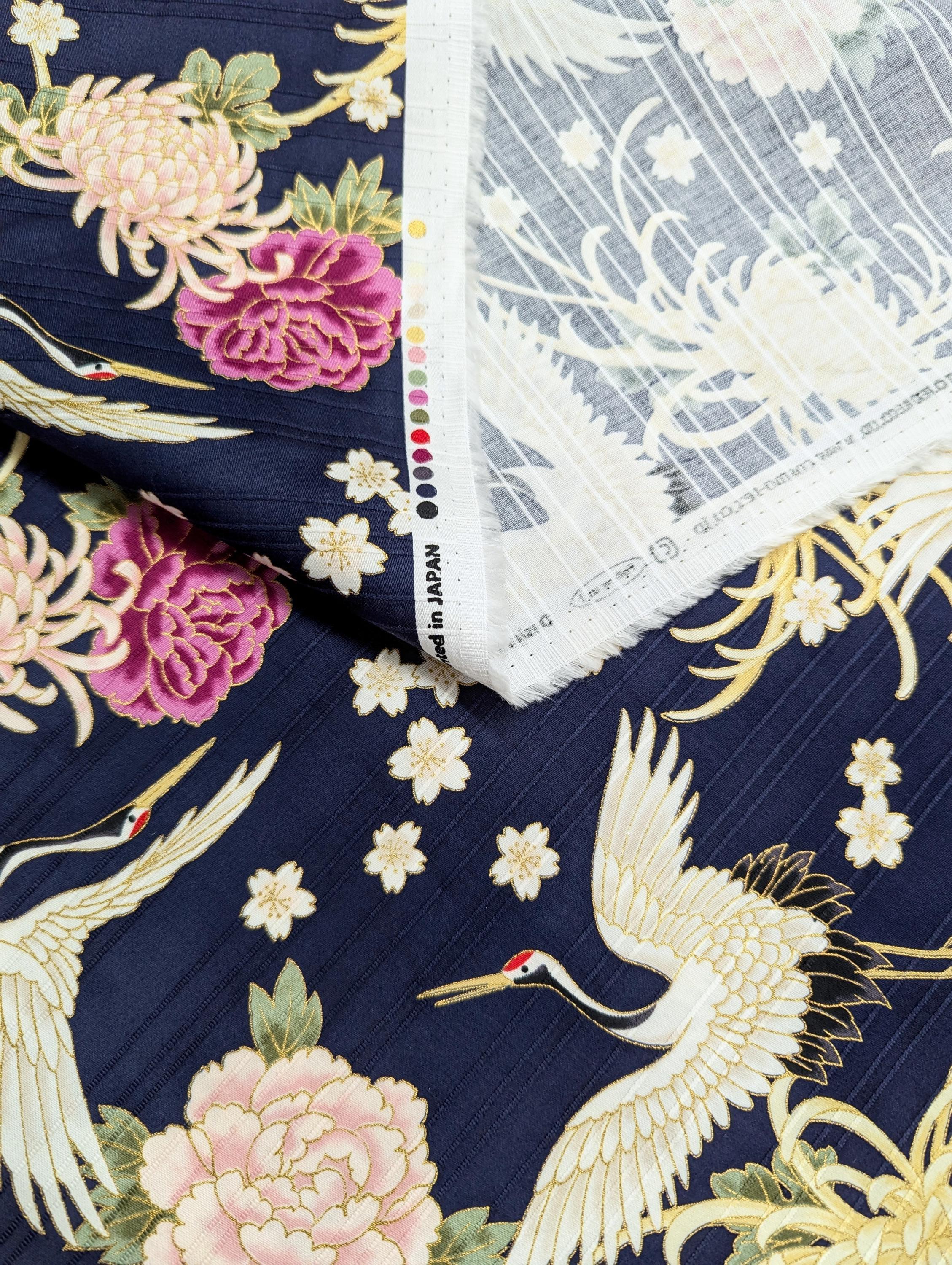 Cosmo - Cranes and Flowers Cotton Shantung - Blue