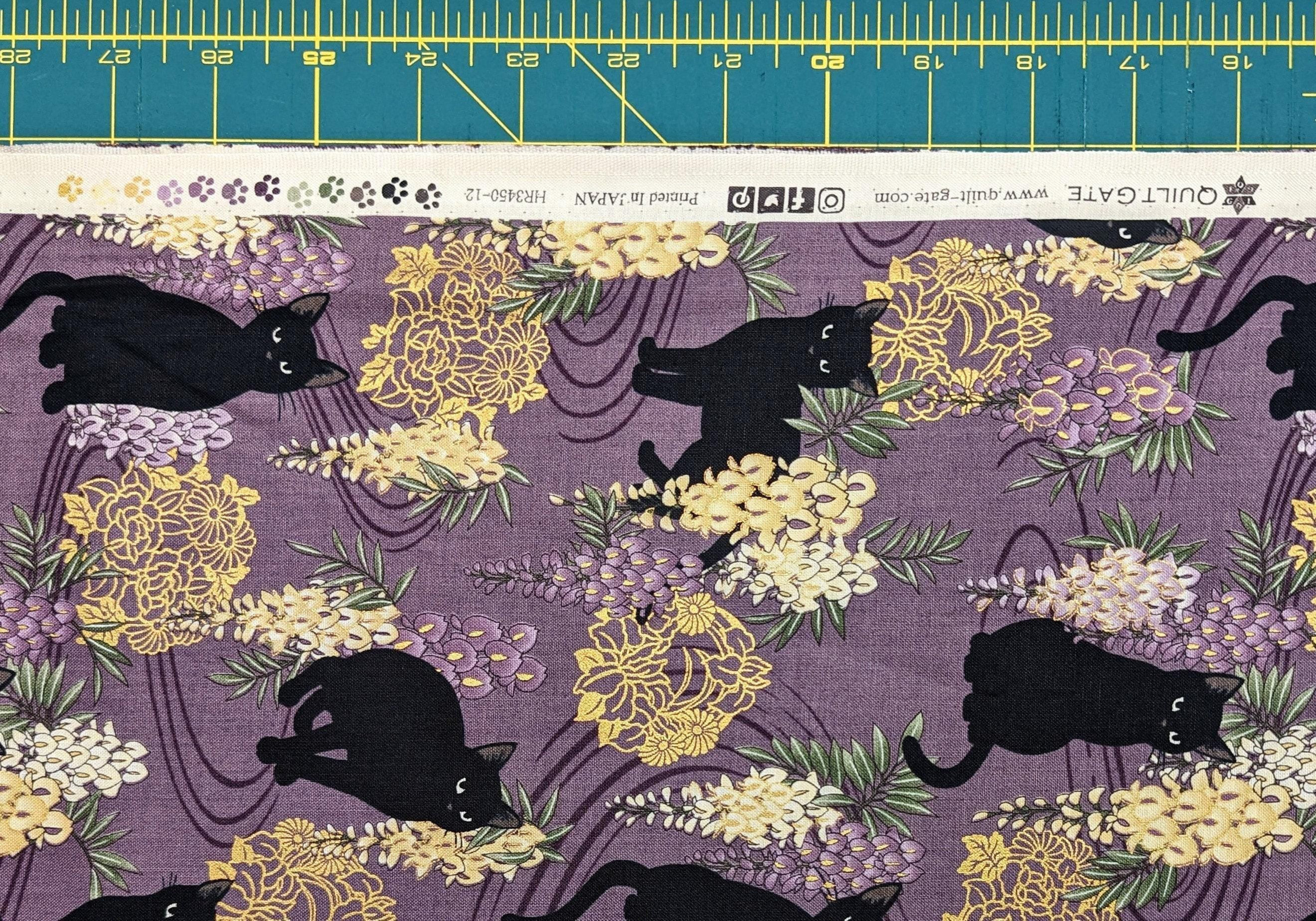 QuiltGate - Hyakka Ryoran Cats and Wisteria Cotton Fabric - Purple