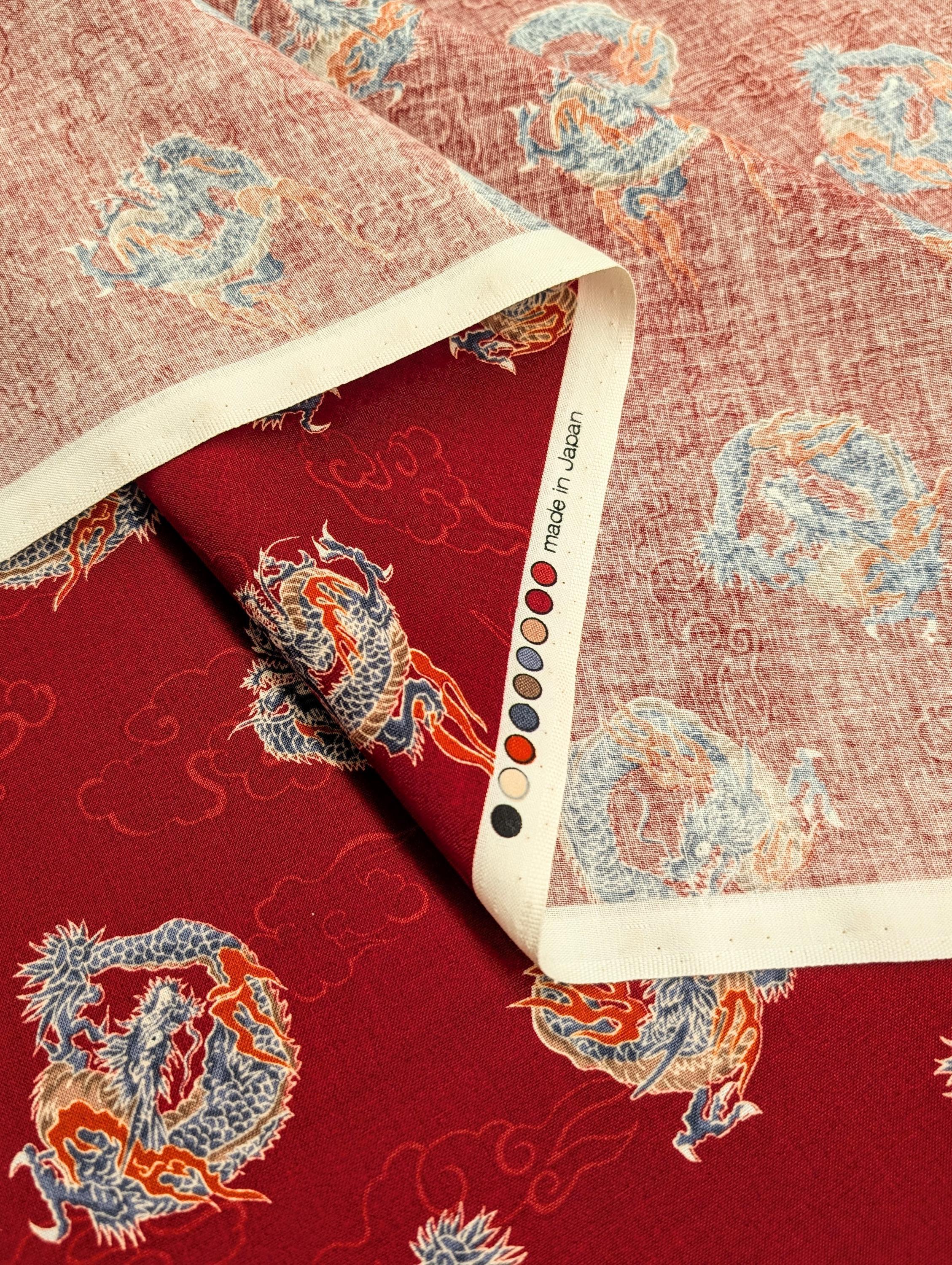 Hishiei - Circling Dragons Cotton Fabric - Red