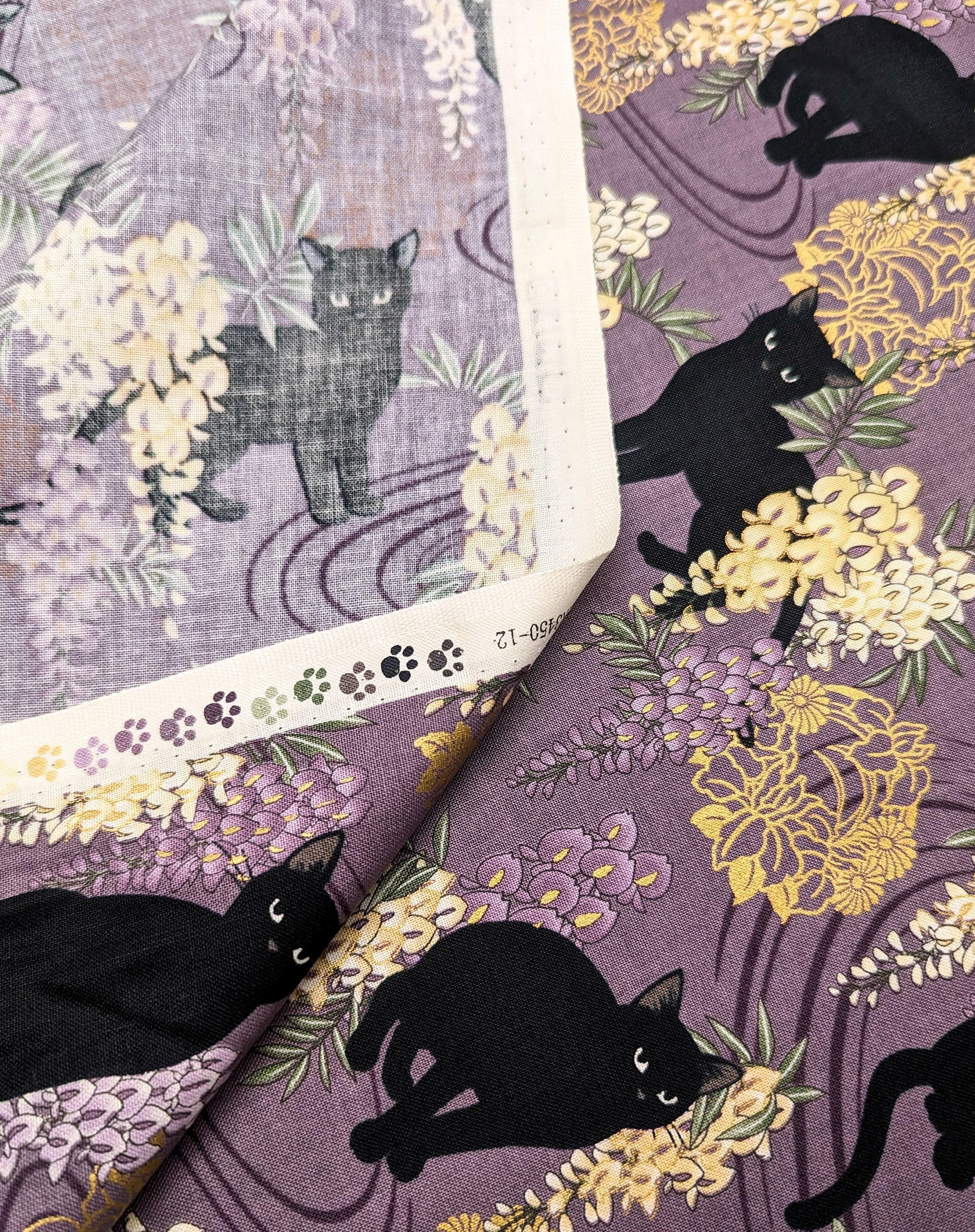 QuiltGate - Hyakka Ryoran Cats and Wisteria Cotton Fabric - Purple