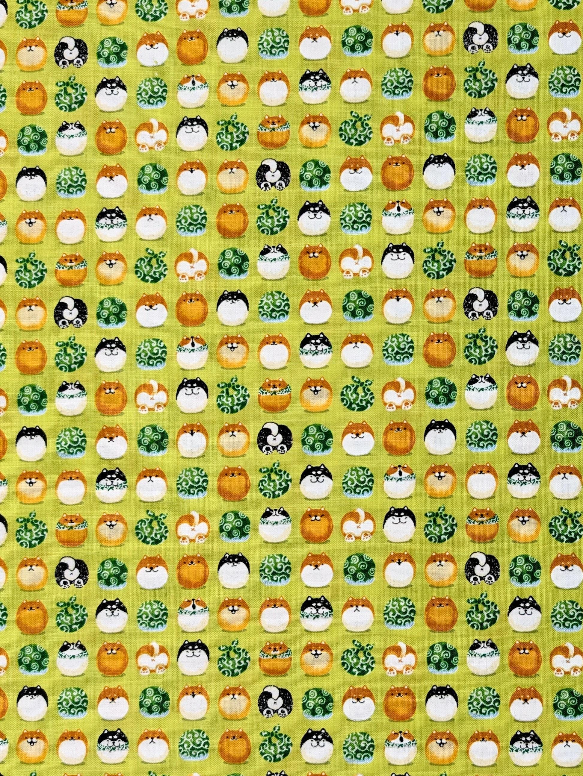 Senyo - Shibas With Furoshiki Cotton Fabric - Lime Green
