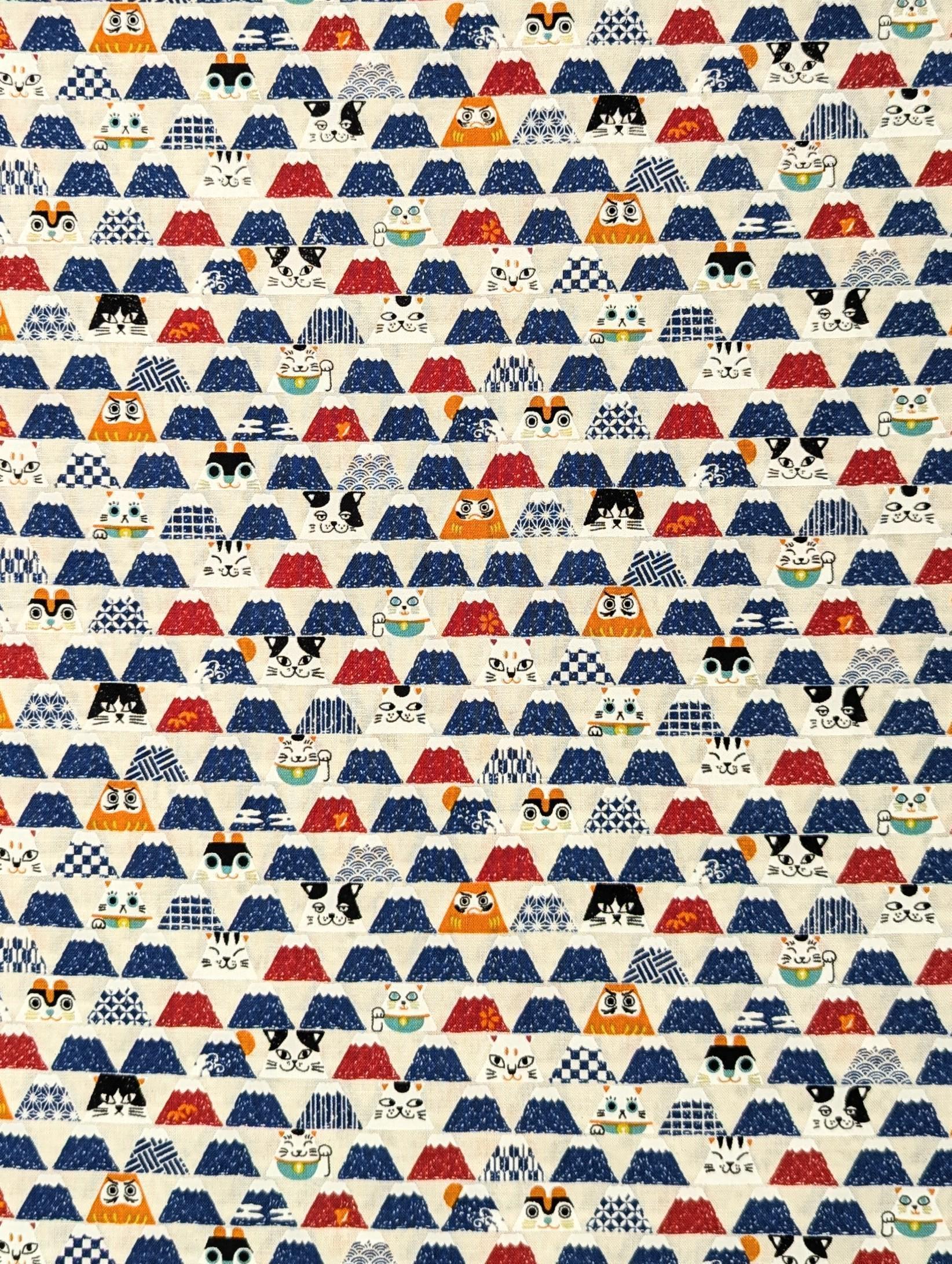 Senyo - Mount Fuji Cats Cotton Fabric - White