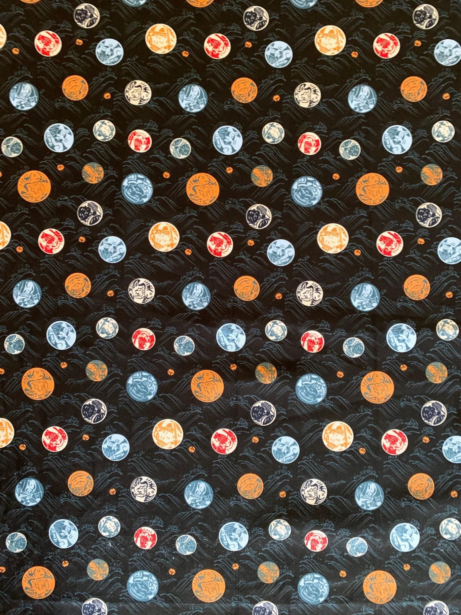 Seven Lucky Gods 七福神 Shichifukujin Japanese cotton fabric Y-3060-43D black