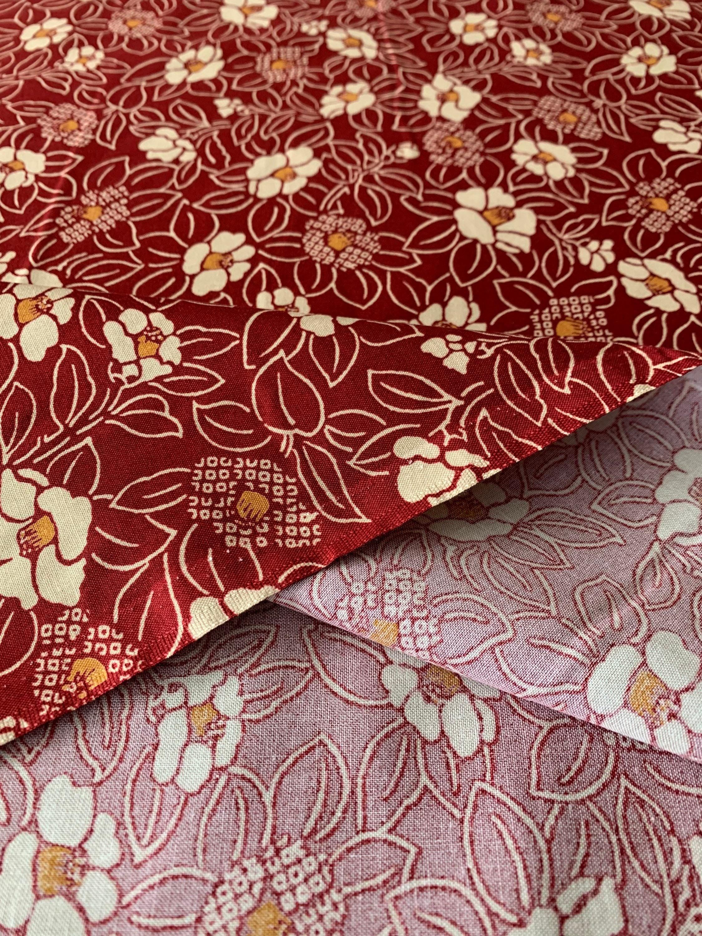 Kurenai - Blooming Camellias Cotton Fabric - Beige Red Orange