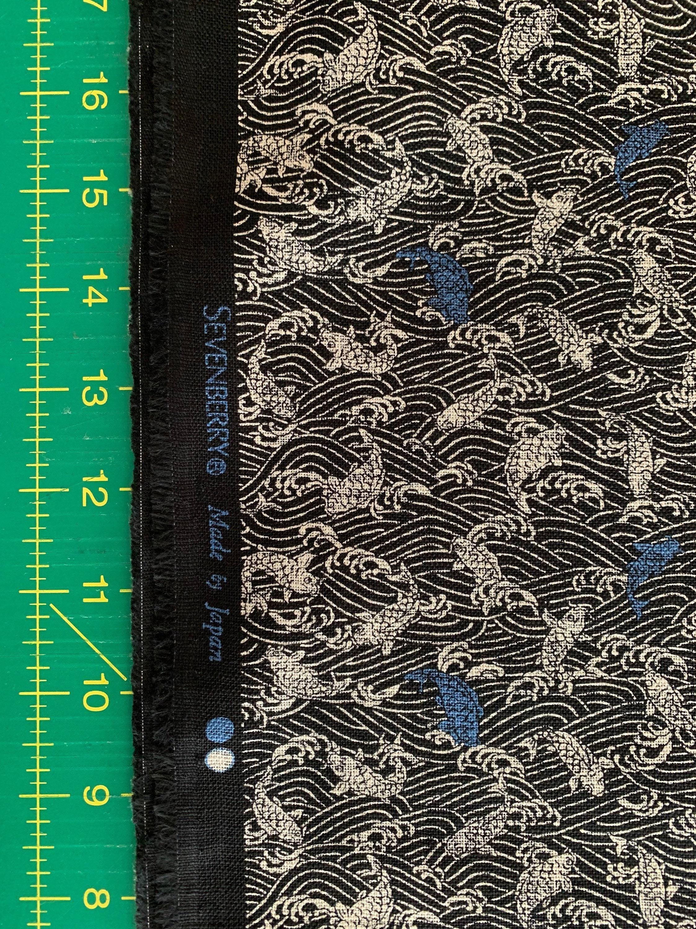 Sevenberry - Koi Carp Fish and Waves Cotton Fabric - Black Beige Blue