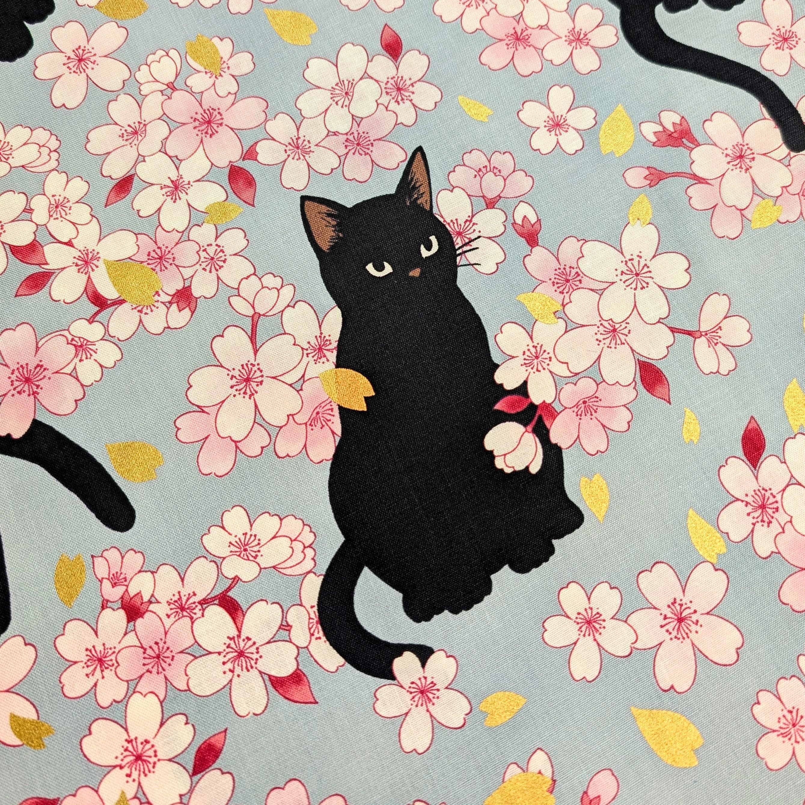 QuiltGate - Hyakka Ryoran Black Cats and Cherry Blossoms Cotton Fabric - Light Blue