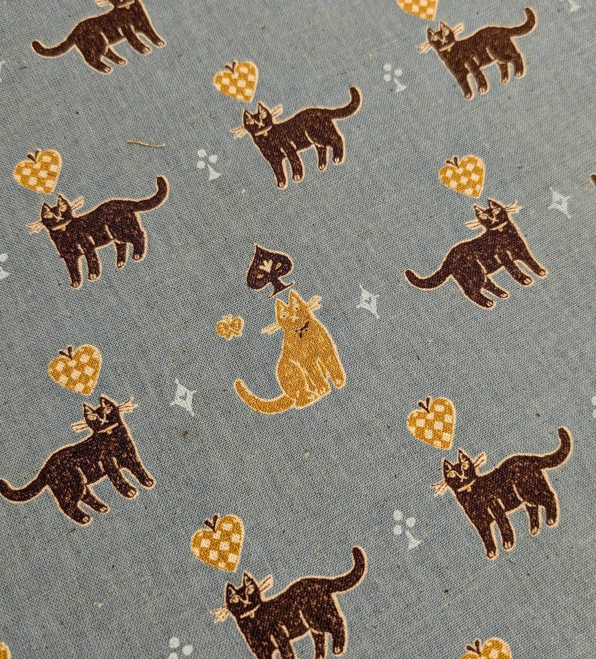 Kokka - Solitaire Cats Cotton/Linen Fabric - Teal Blue