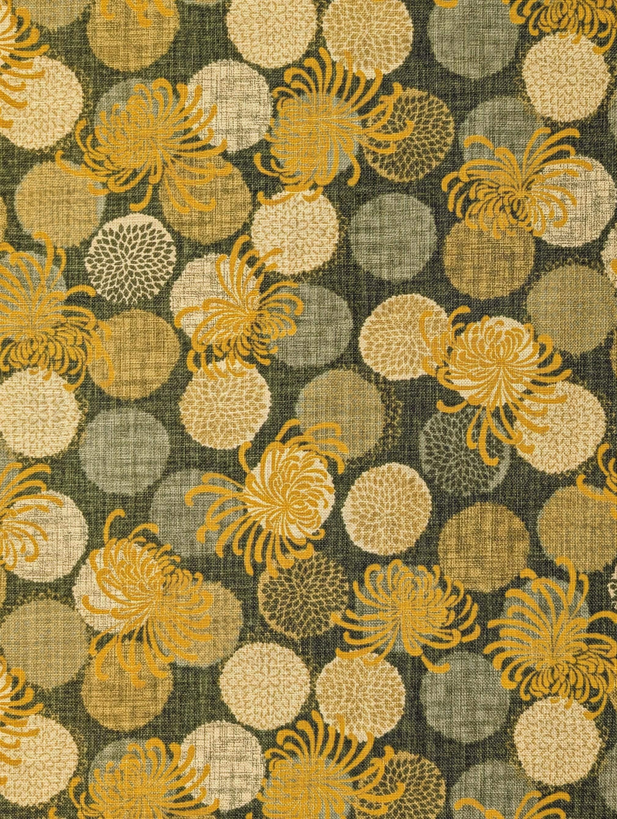 Sevenberry - Rustic Chrysanthemums Cotton Fabric - Green Yellow Beige