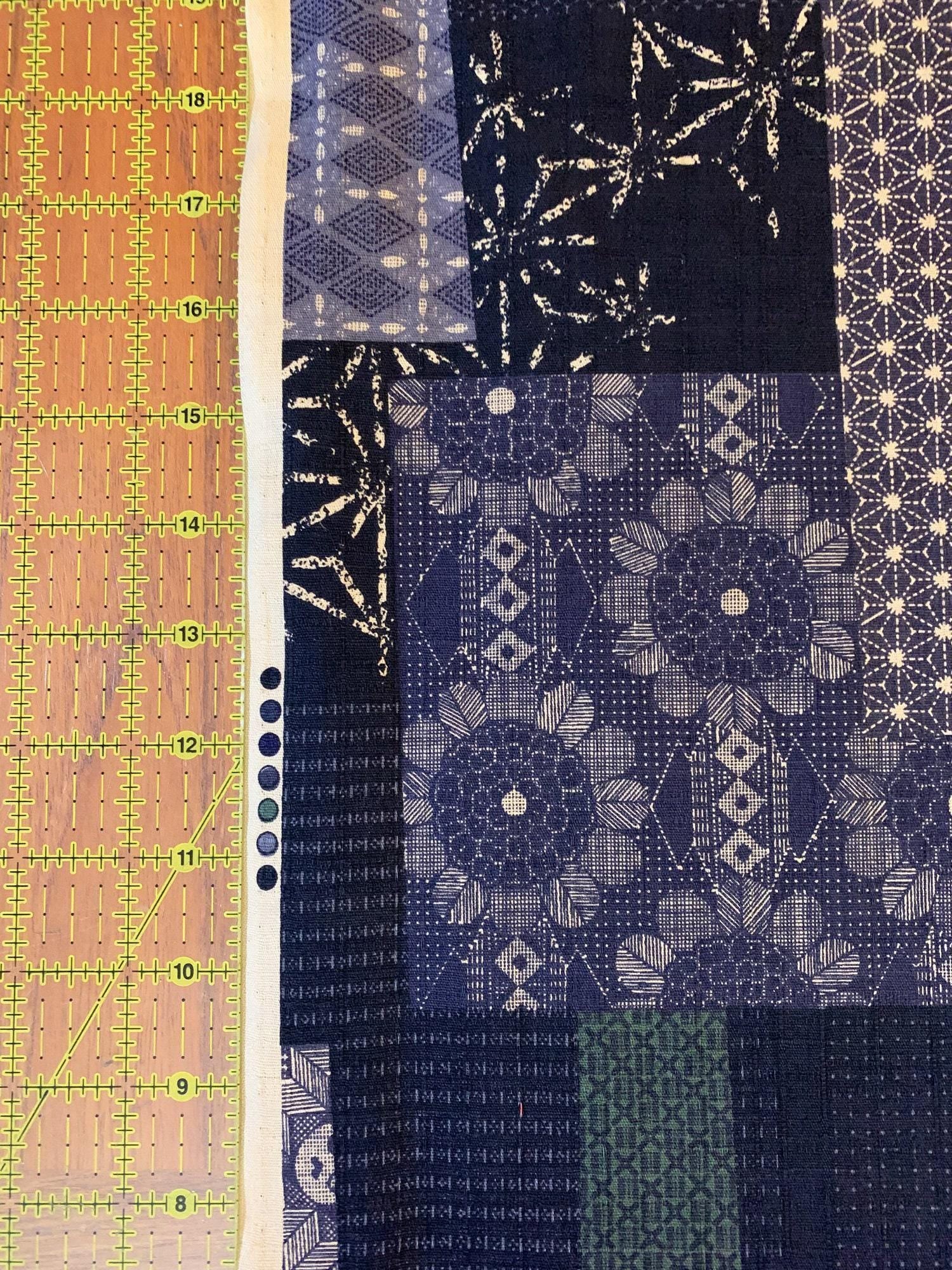 Morikiku - Boro Patchwork Cotton Dobby - Blue