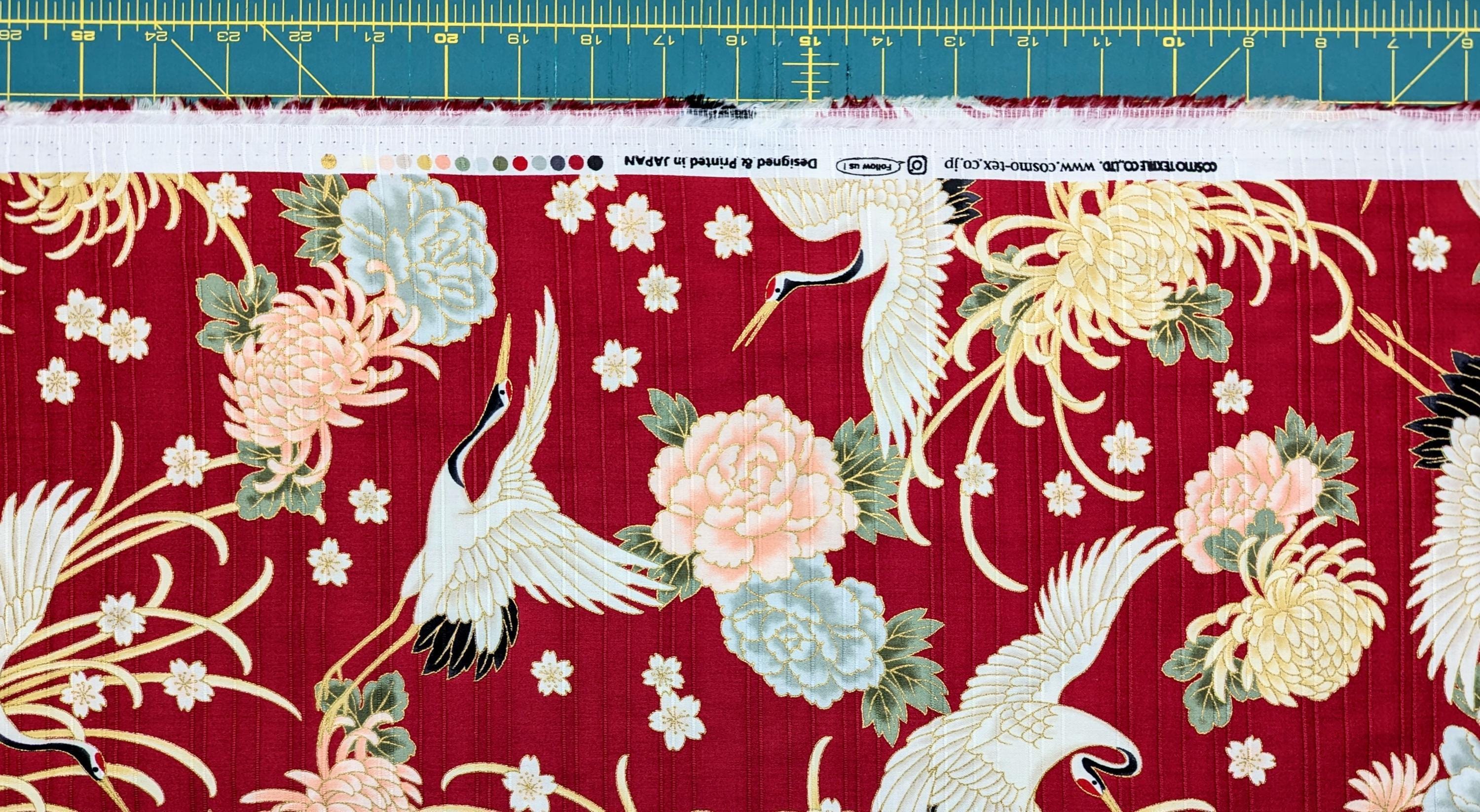 Cosmo - Cranes and Flowers Cotton Shantung - Red