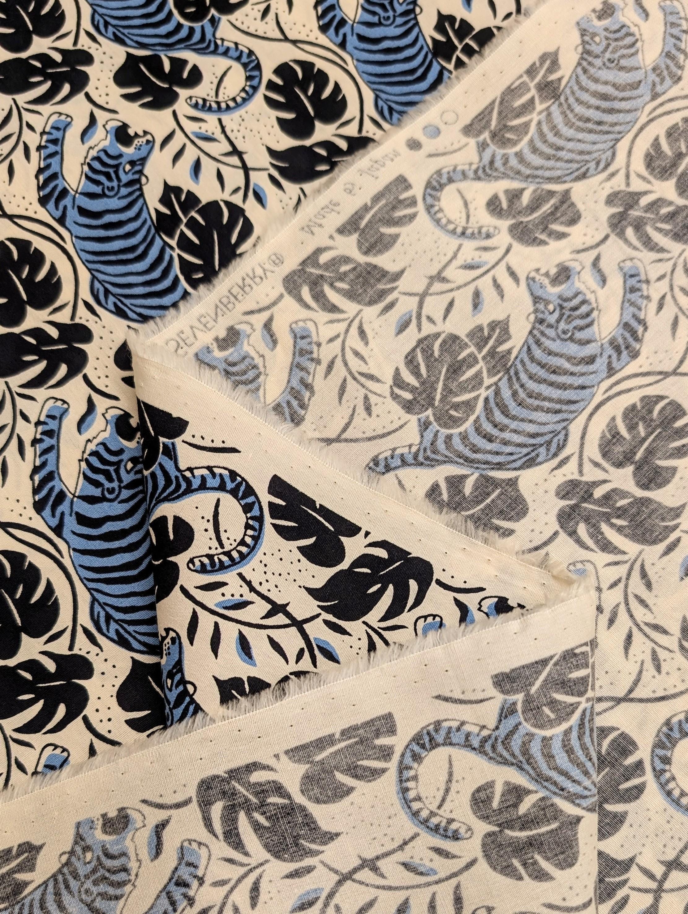 Sevenberry - Jungle Tigers Cotton Fabric - Off-White and Light Blue