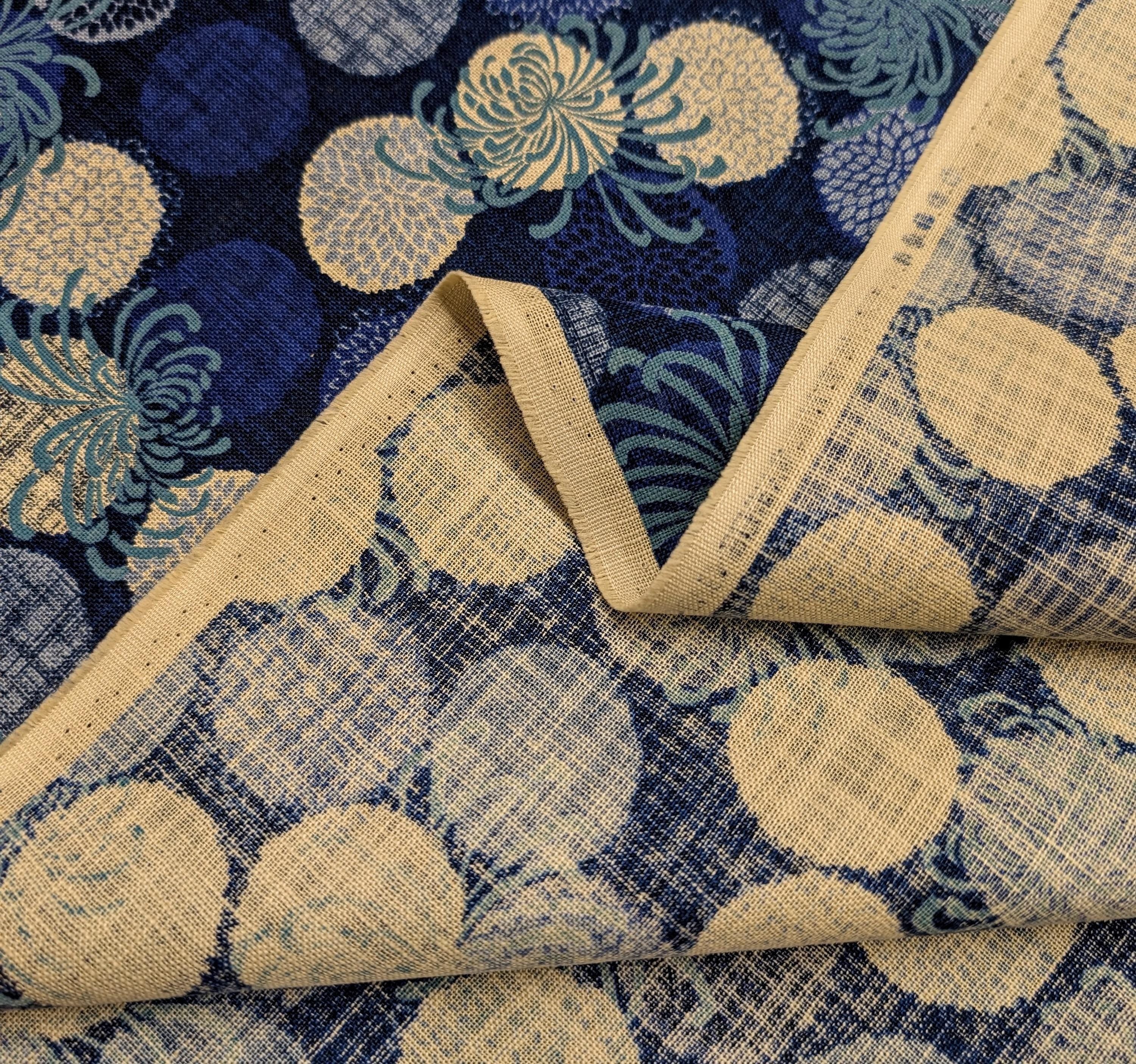 Sevenberry - Rustic Chrysanthemums Cotton Fabric - Blue Beige