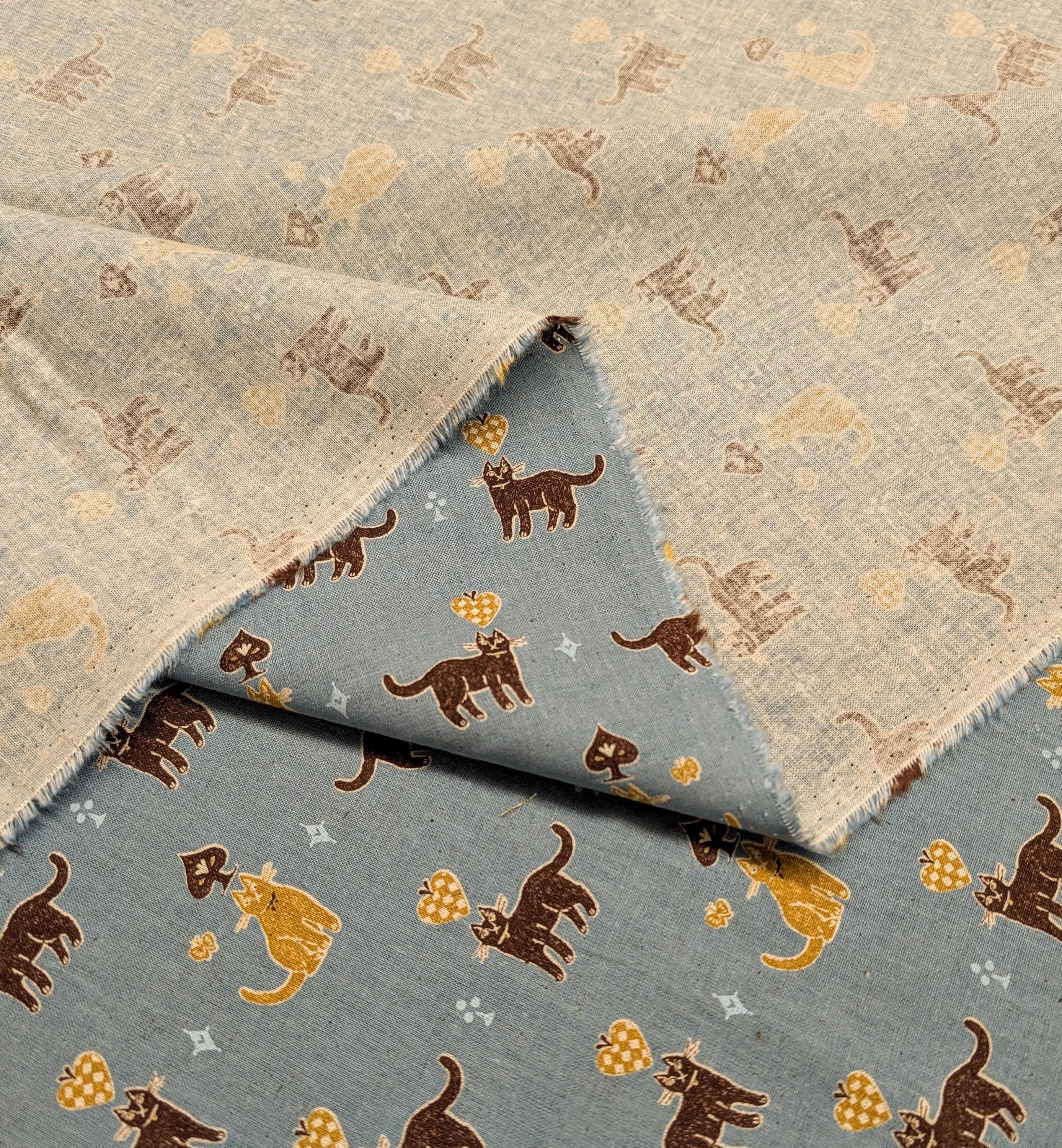 Kokka - Solitaire Cats Cotton/Linen Fabric - Teal Blue