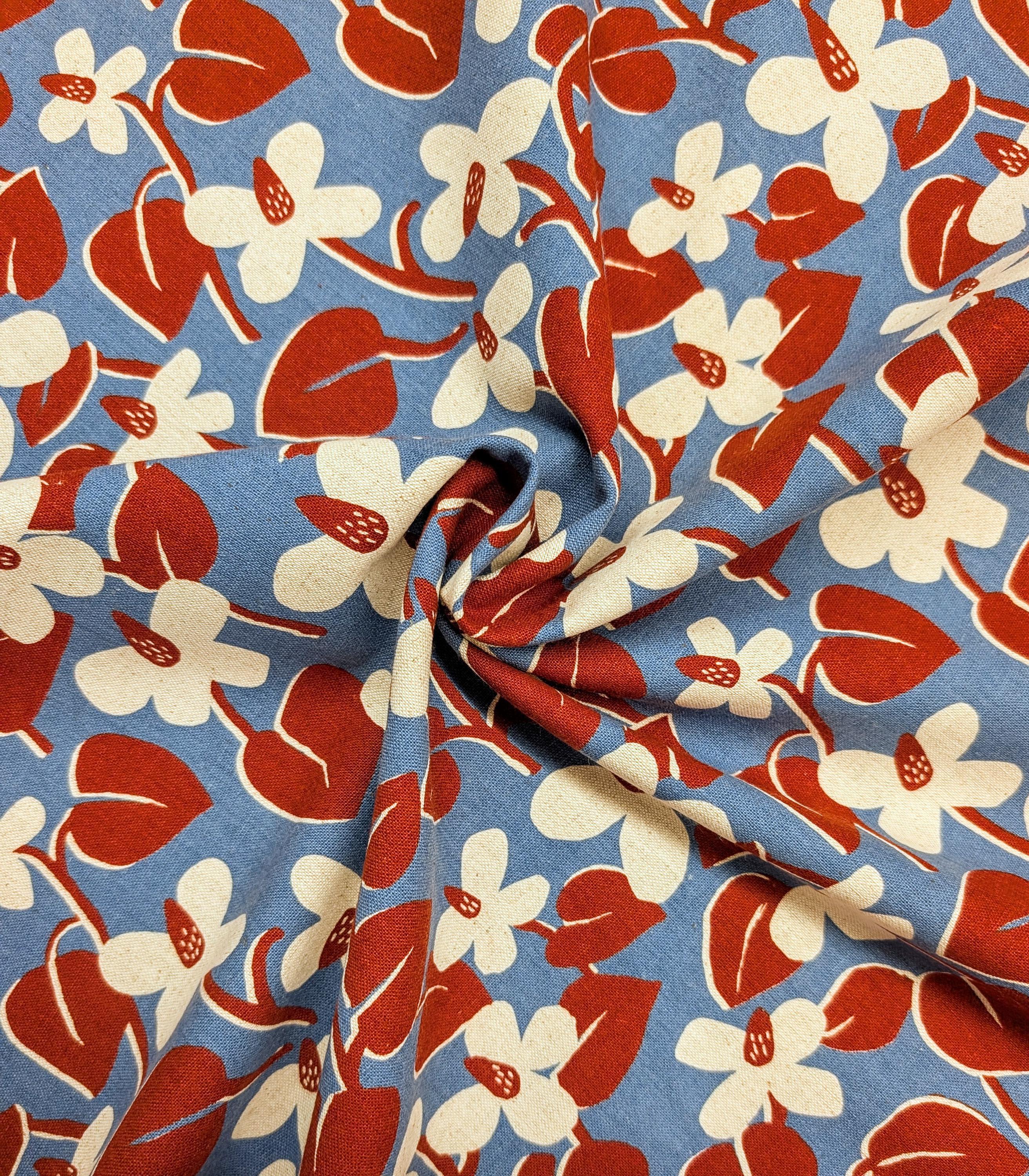 NEW Scandinavian Cone flowers Sevenberry Japanese cotton linen light canvas fabric 850431-1-3 red & blue