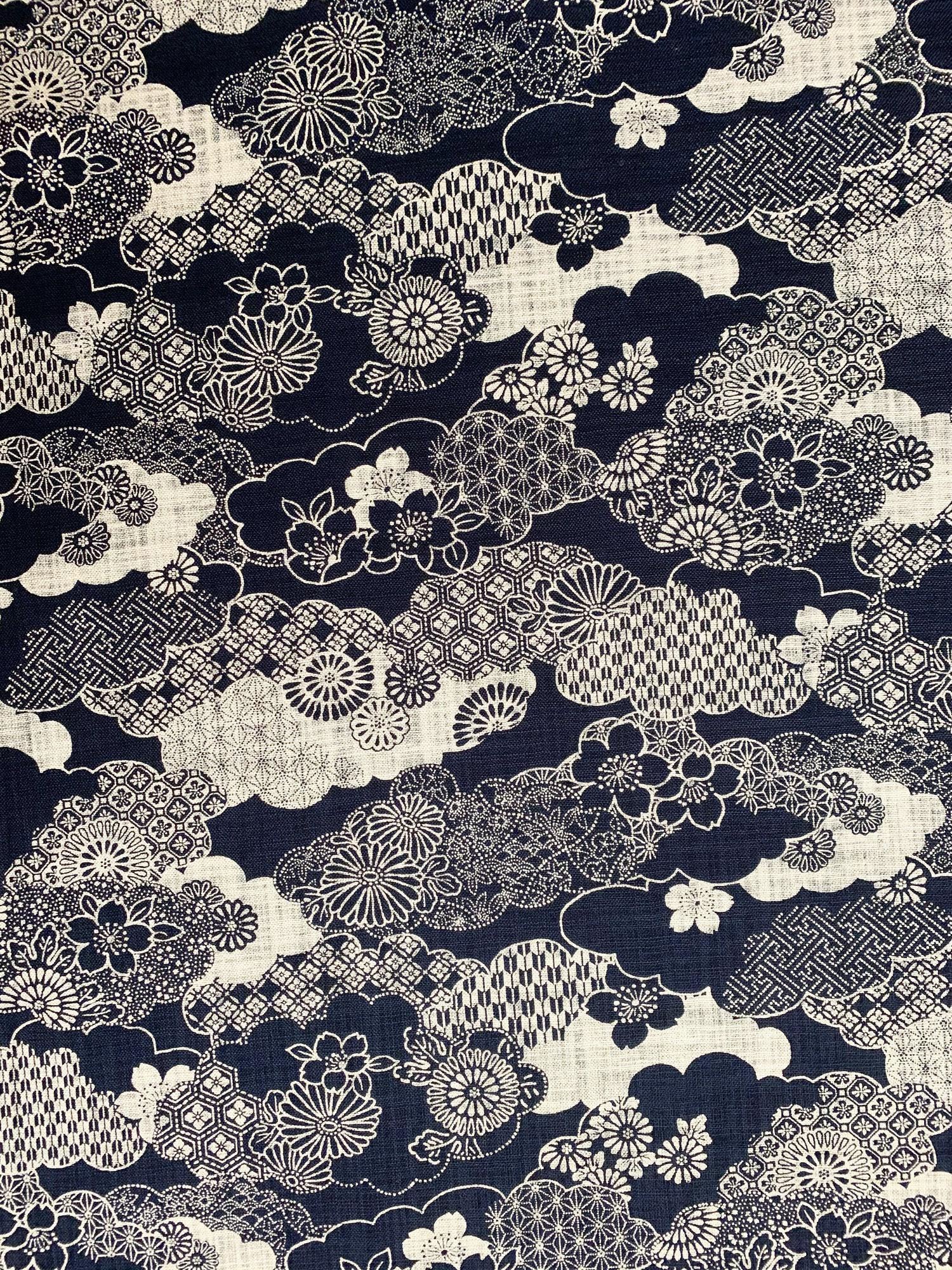Sevenberry Cherry Blossom Clouds in indigo navy blue beige Japanese cotton fabric 88334-2-1