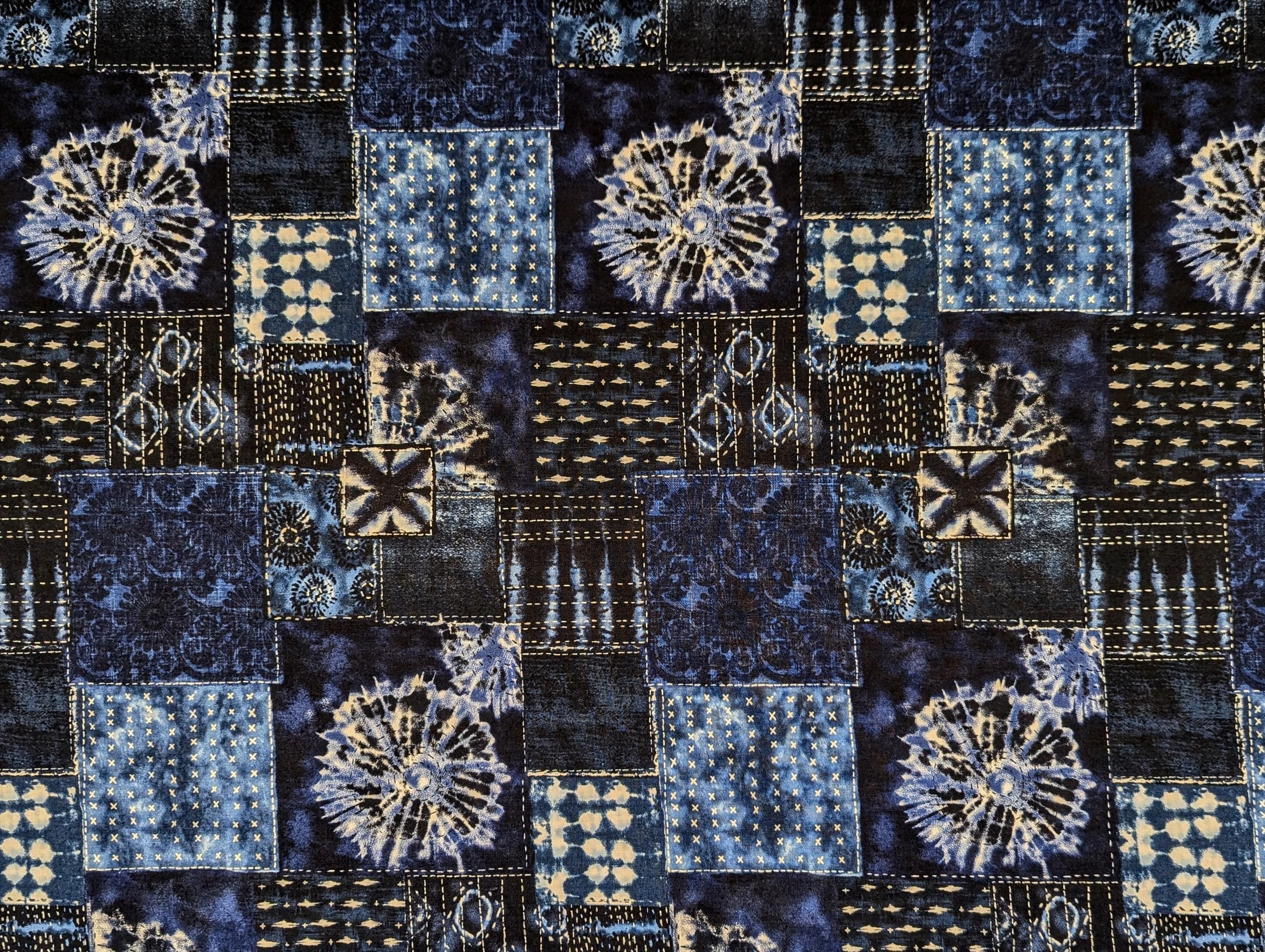 Senyo - Printed Shibori Sashiko Patchwork Cotton Fabric - Dark Blue