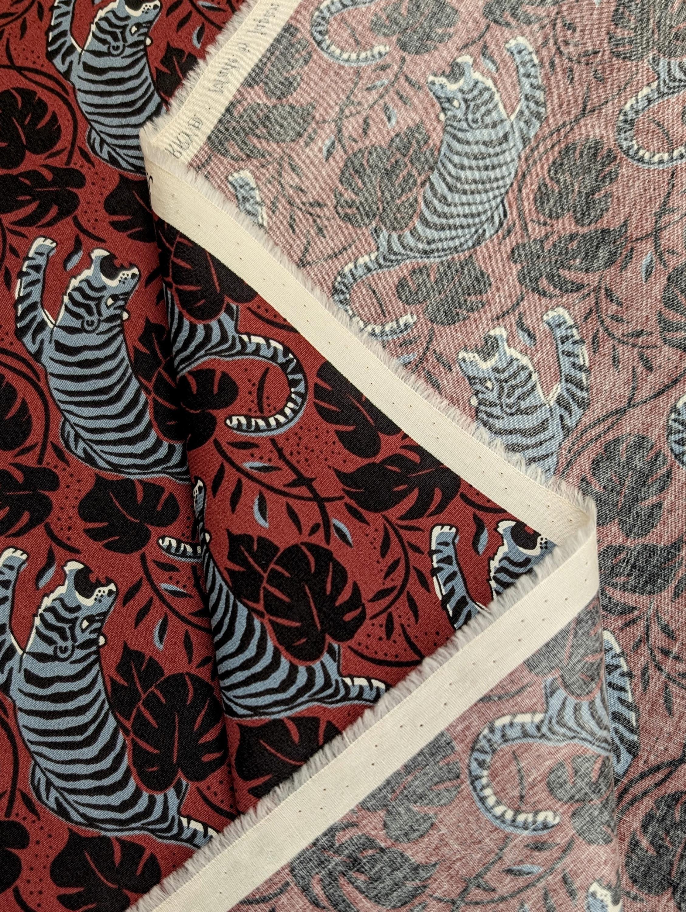 Sevenberry - Jungle Tigers Cotton Fabric - Red and Gray