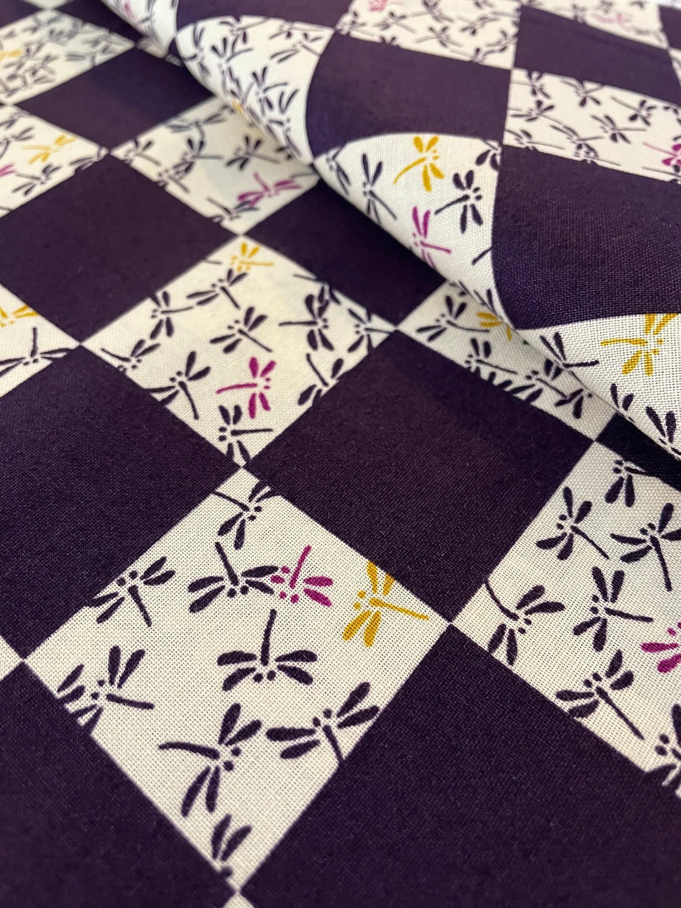 Kurenai - Checkerboard Dragonflies Cotton Fabric - Deep Purple