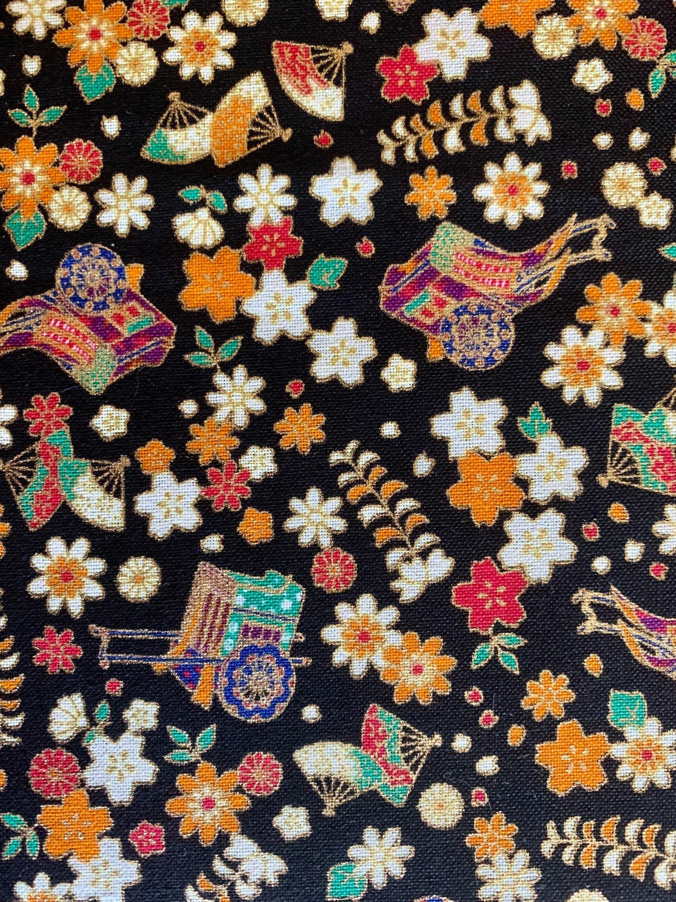 Naka - Royal Carts and Blossoms Cotton Fabric - Black Gold