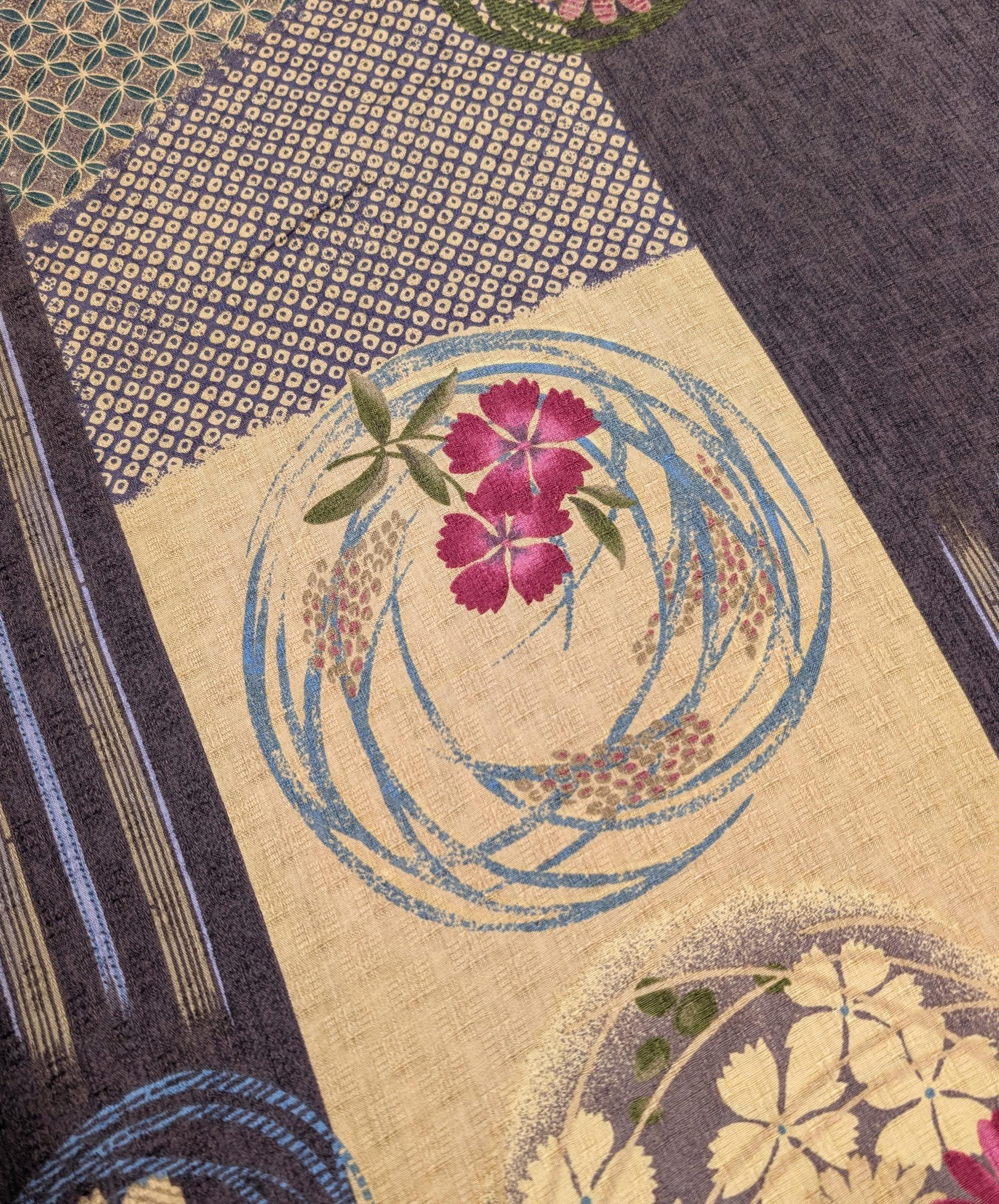 Wide Stripe Flower Circles Japanese Kobayashi dobby cotton fabric KTS-1594 E purple