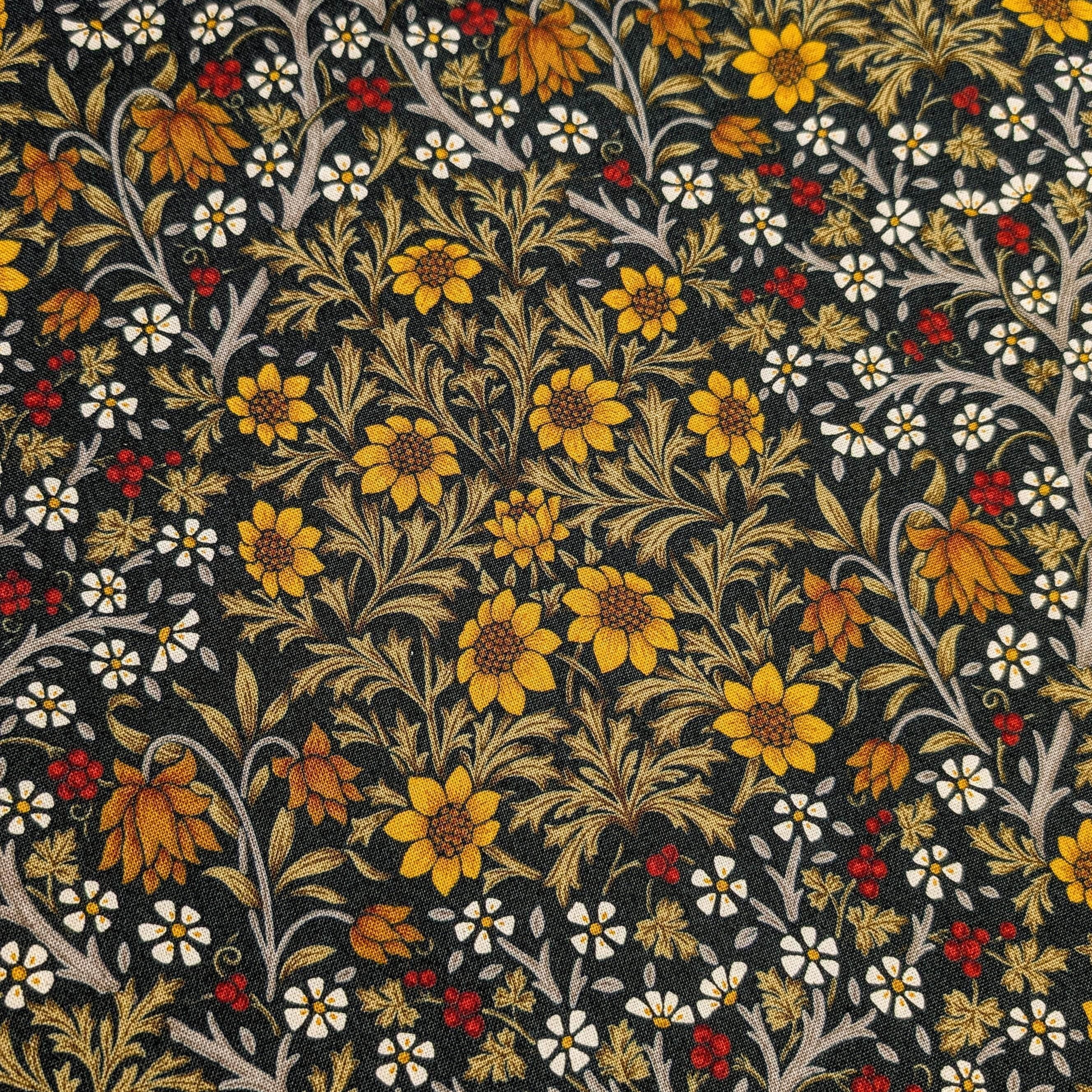 Morris Flower Fields Kobayashi Japanese cotton oxford canvas fabric KTS-6994 D black & yellow