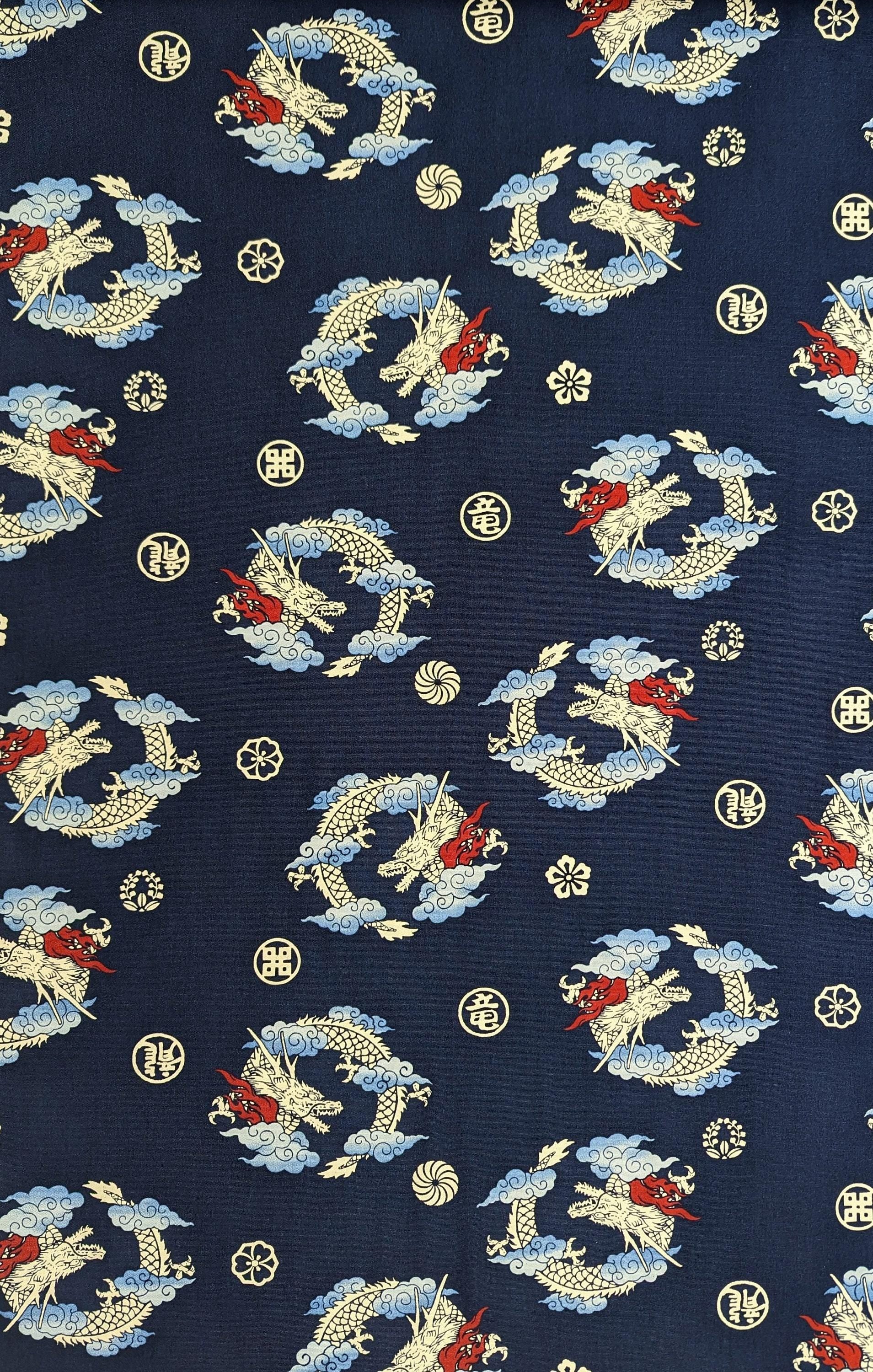 Circling Dragons Tak - Cotton Oxford Canvas - Navy