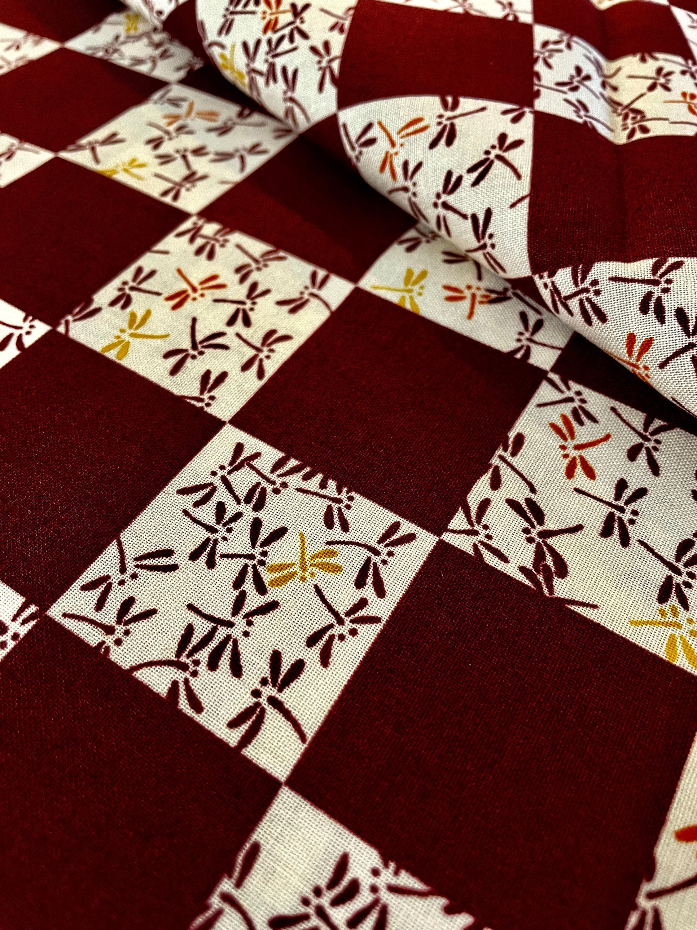 Kurenai - Checkerboard Dragonflies Cotton Fabric - Red
