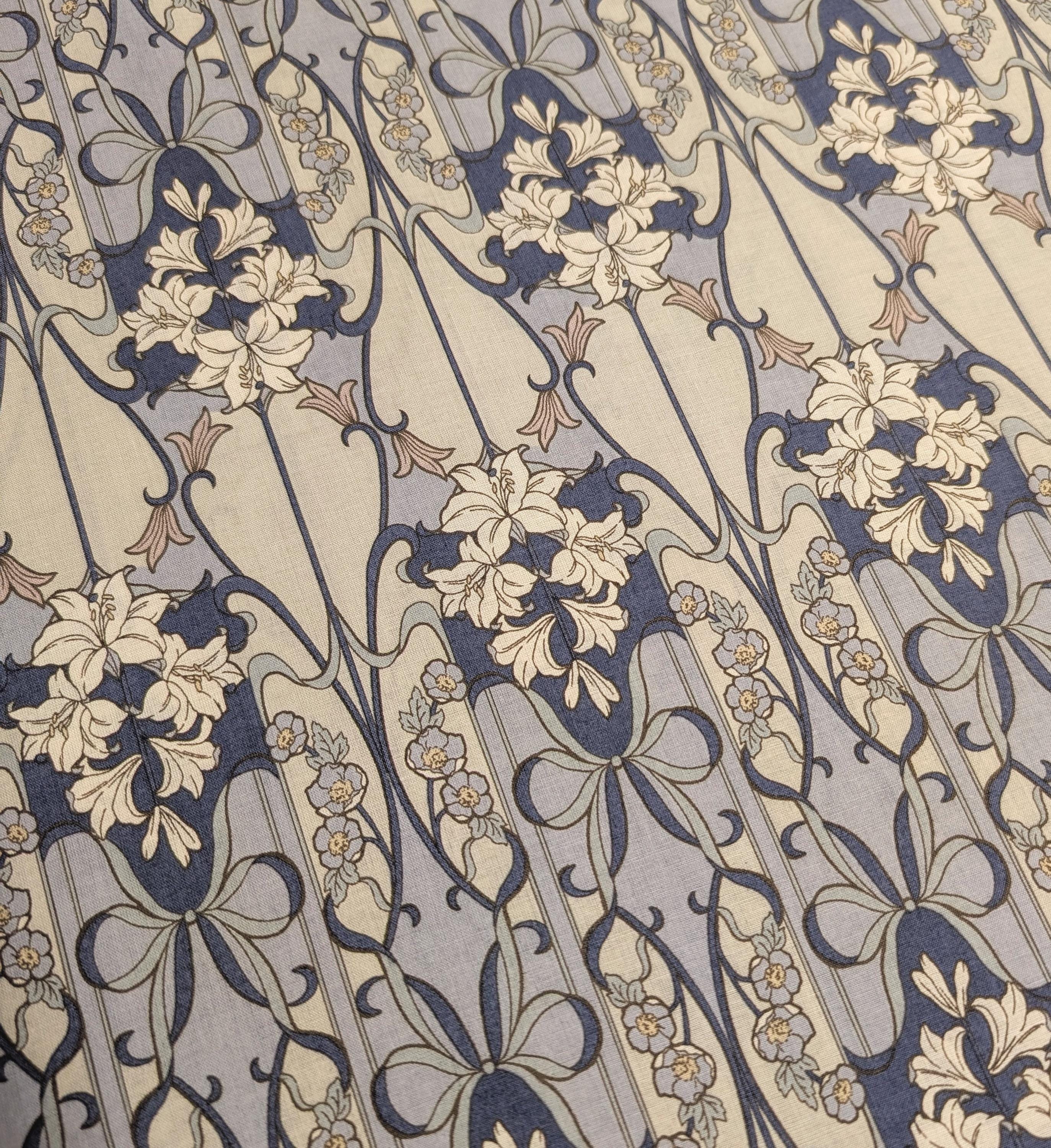 Hokkoh - Nouveau Flower Filigree Cotton Lawn - Medium Blue and Beige