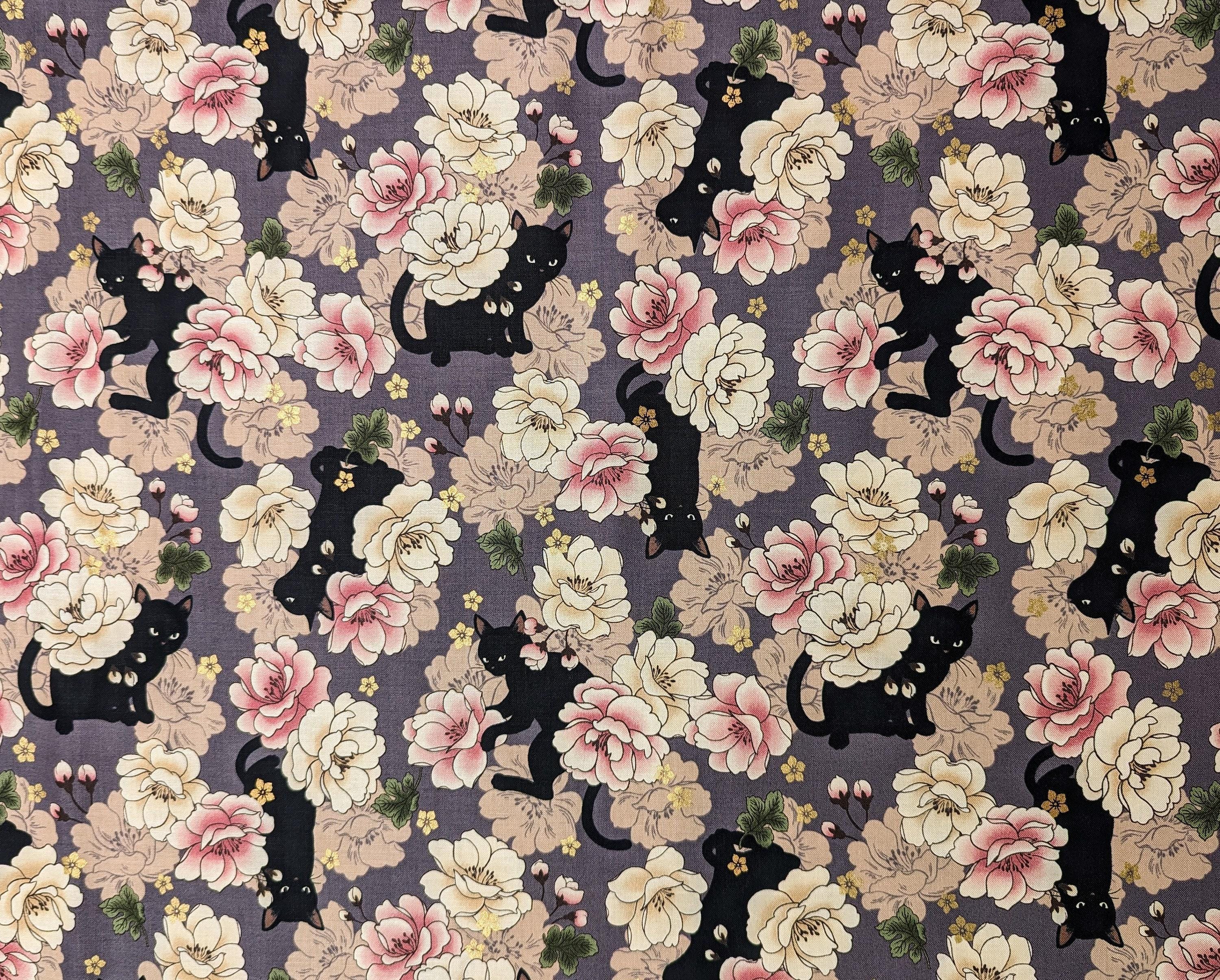 QuiltGate - Hyakka Ryoran Blossoming Cats Cotton Fabric - Purple