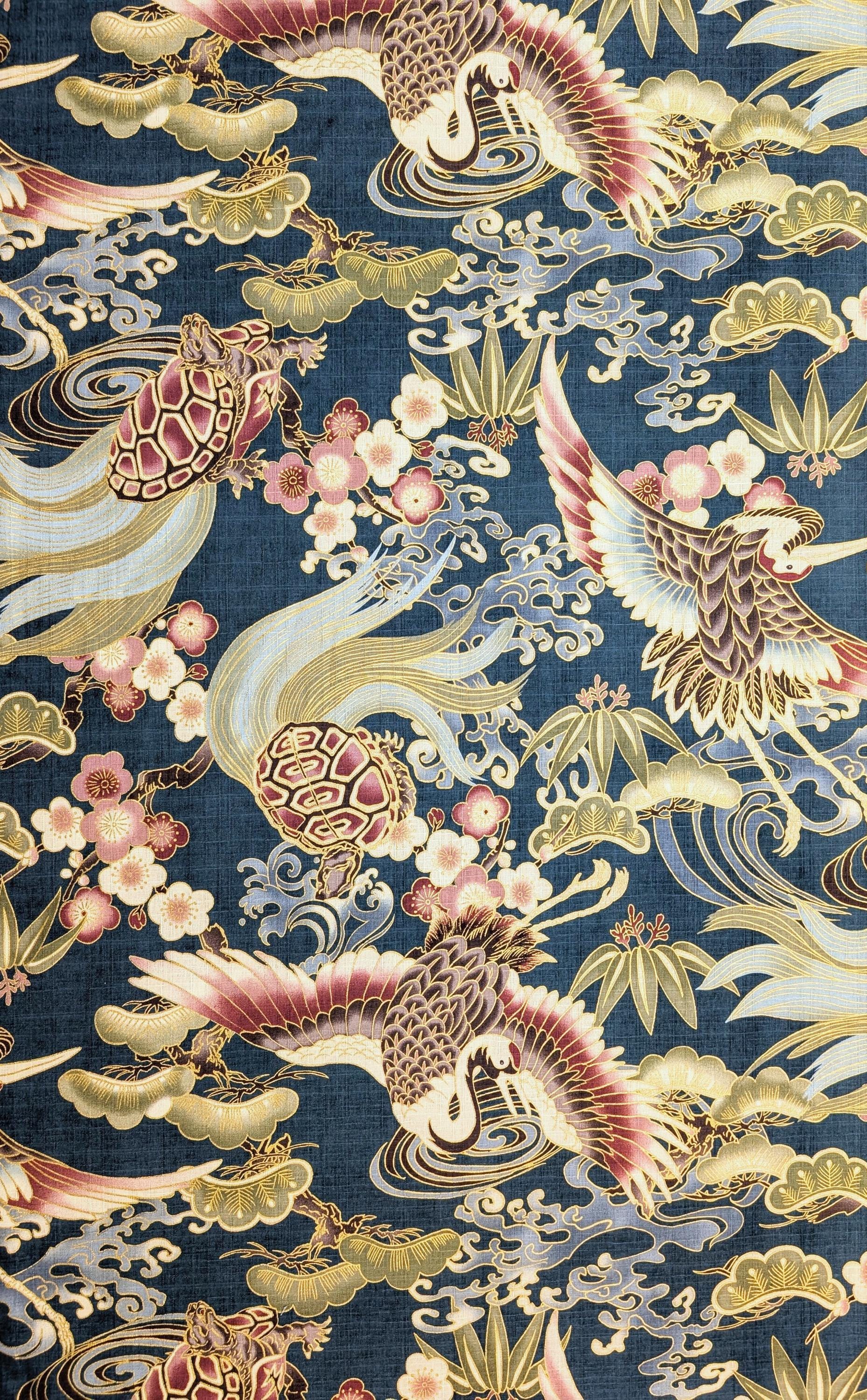 NEW Golden Crane & Minogame Hokkoh Japanese cotton dobby fabric 1025-100-5 C teal