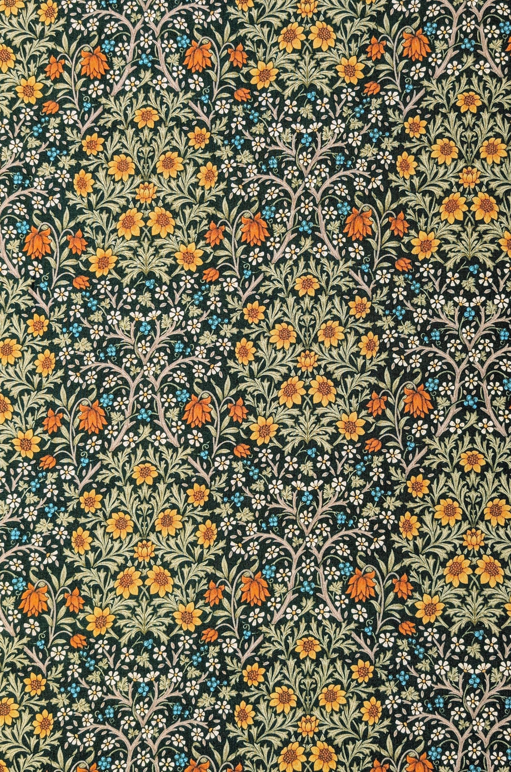 Morris Flower Fields Kobayashi Japanese cotton oxford canvas fabric KTS-6994 E green & yellow