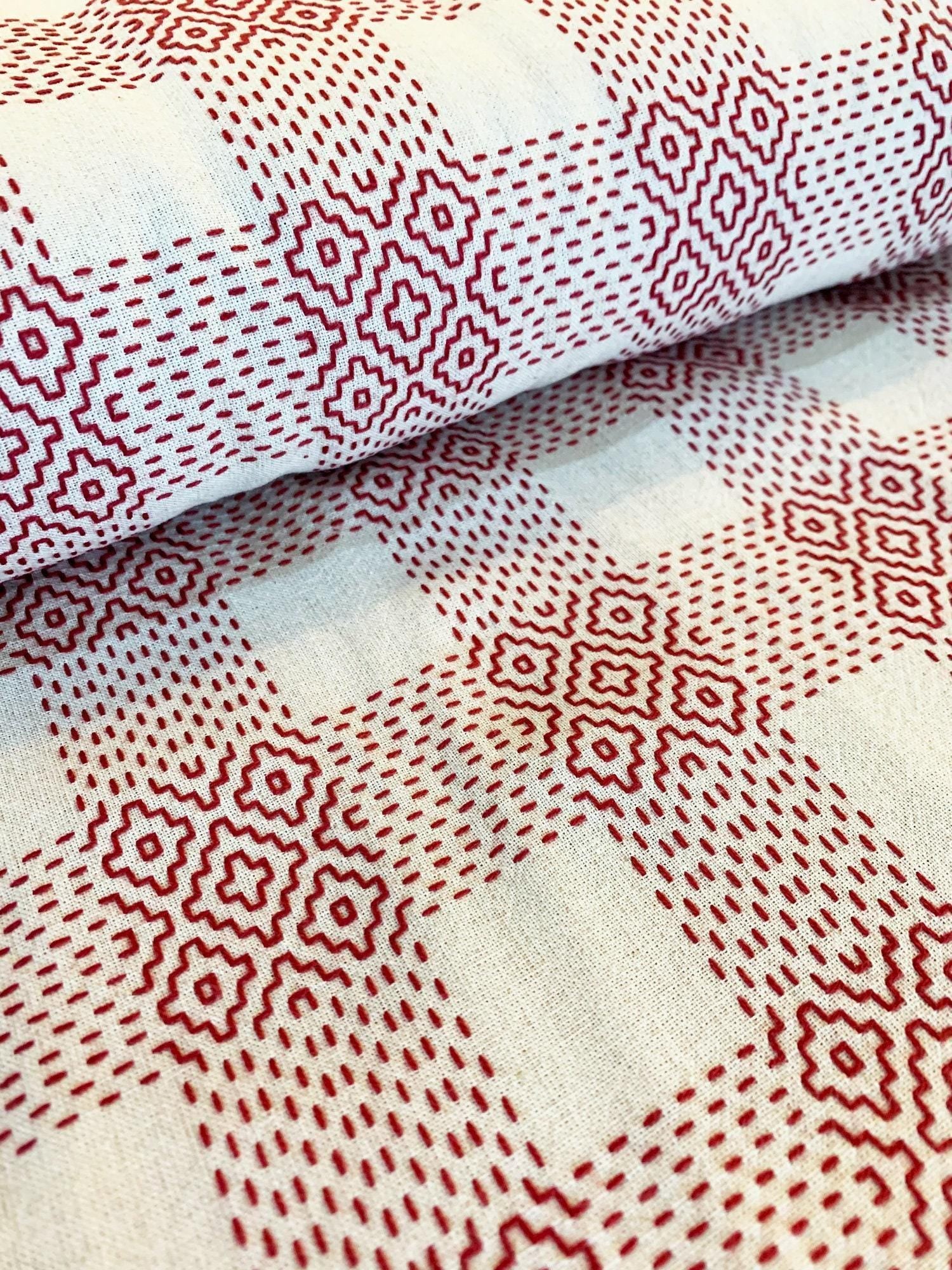 Olympus - Sashiko Sakizomemomen Fabric by the Yard - White Red