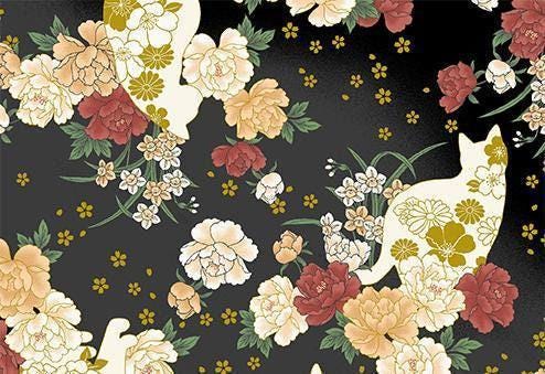 QuiltGate - Hyakka Ryoran Flower Cats Cotton Fabric - Black Burgundy Green Gold