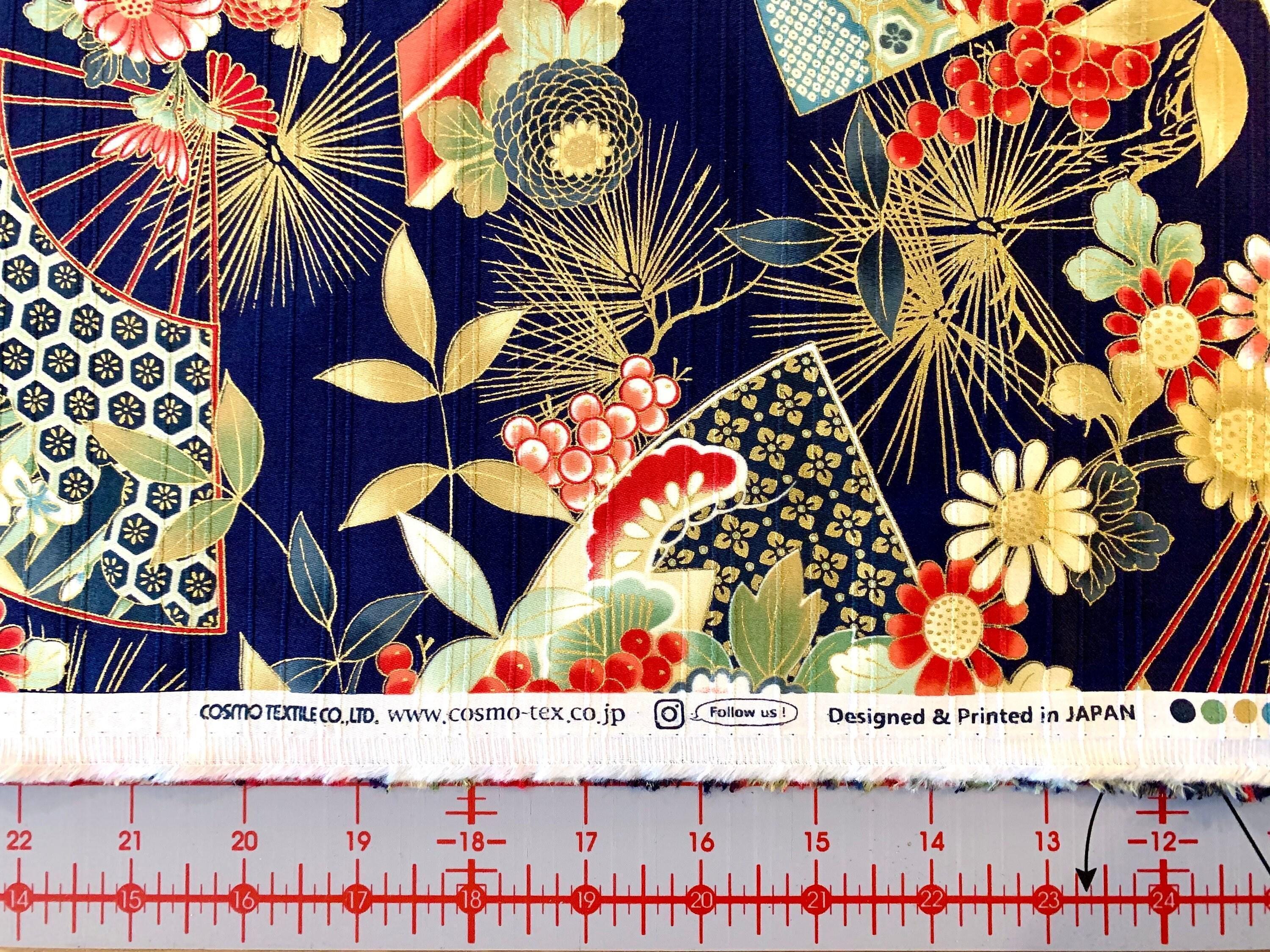 Cosmo - Fans and Flowers Cotton Shantung - Dark Blue Red Gold