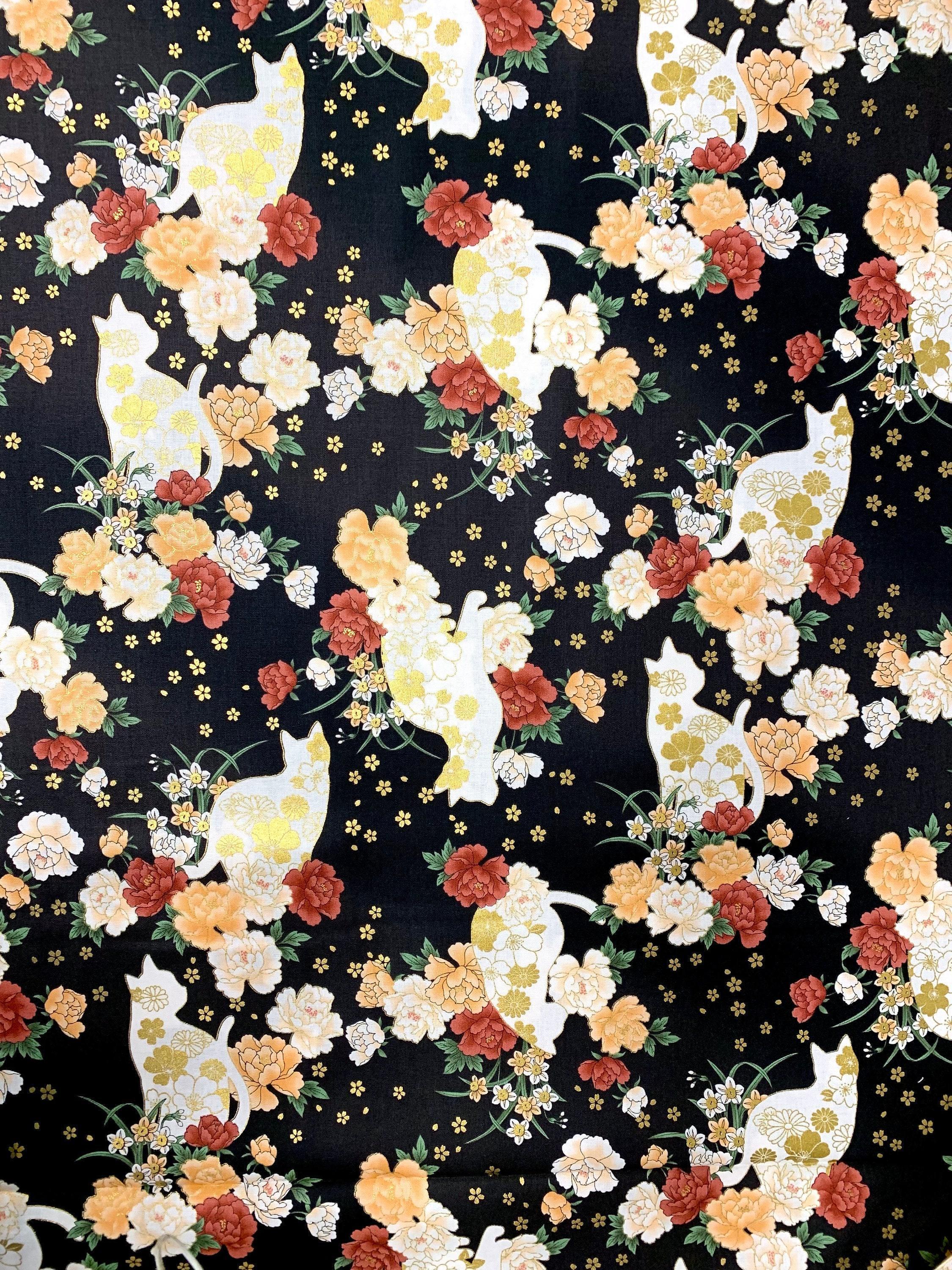 QuiltGate - Hyakka Ryoran Flower Cats Cotton Fabric - Black Burgundy Green Gold